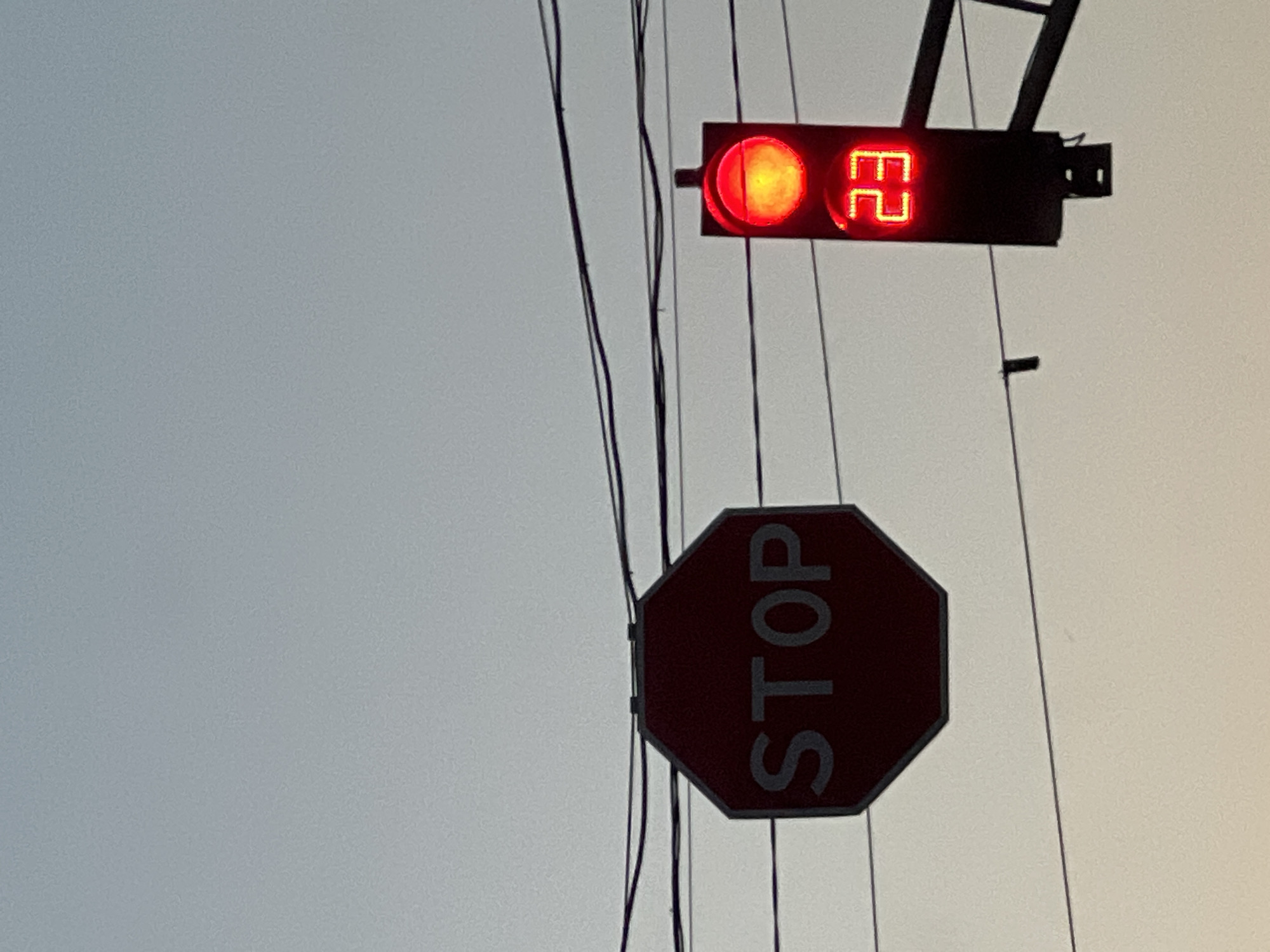 The image captures a street scene in Ternopil, Ukraine, featuring a red octagonal stop sign with the word "STOP" in white lettering and a traffic light displaying a red light with a countdown timer showing "23". The sky is overcast and gray. The objects are silhouetted against the sky, suggesting the photograph was taken during daylight hours. Power lines are visible across the frame.