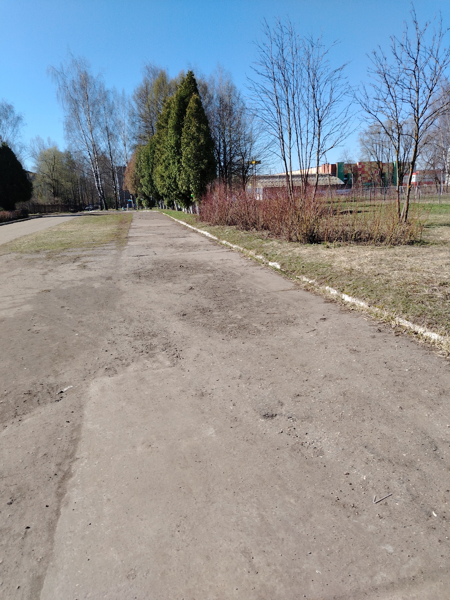 A ground-level, full outdoor shot presents a dirt road winding through a landscape in Rusanovo, Russia. The sky is a clear blue. The road, the primary subject, is dull gray and cracked in places, exhibiting wear and tear. Adjacent to the road are patches of brown grass and low bushes, some with bare branches.
On the left of the road, a line of trees and shrubs extends into the distance, with a mix of green foliage and bare branches. On the right, more brown grass and sparse vegetation are visible, with a metal fence in the background, obscuring a low, colorful building in the distance. The light suggests it is daytime. No people or animals are apparent.
