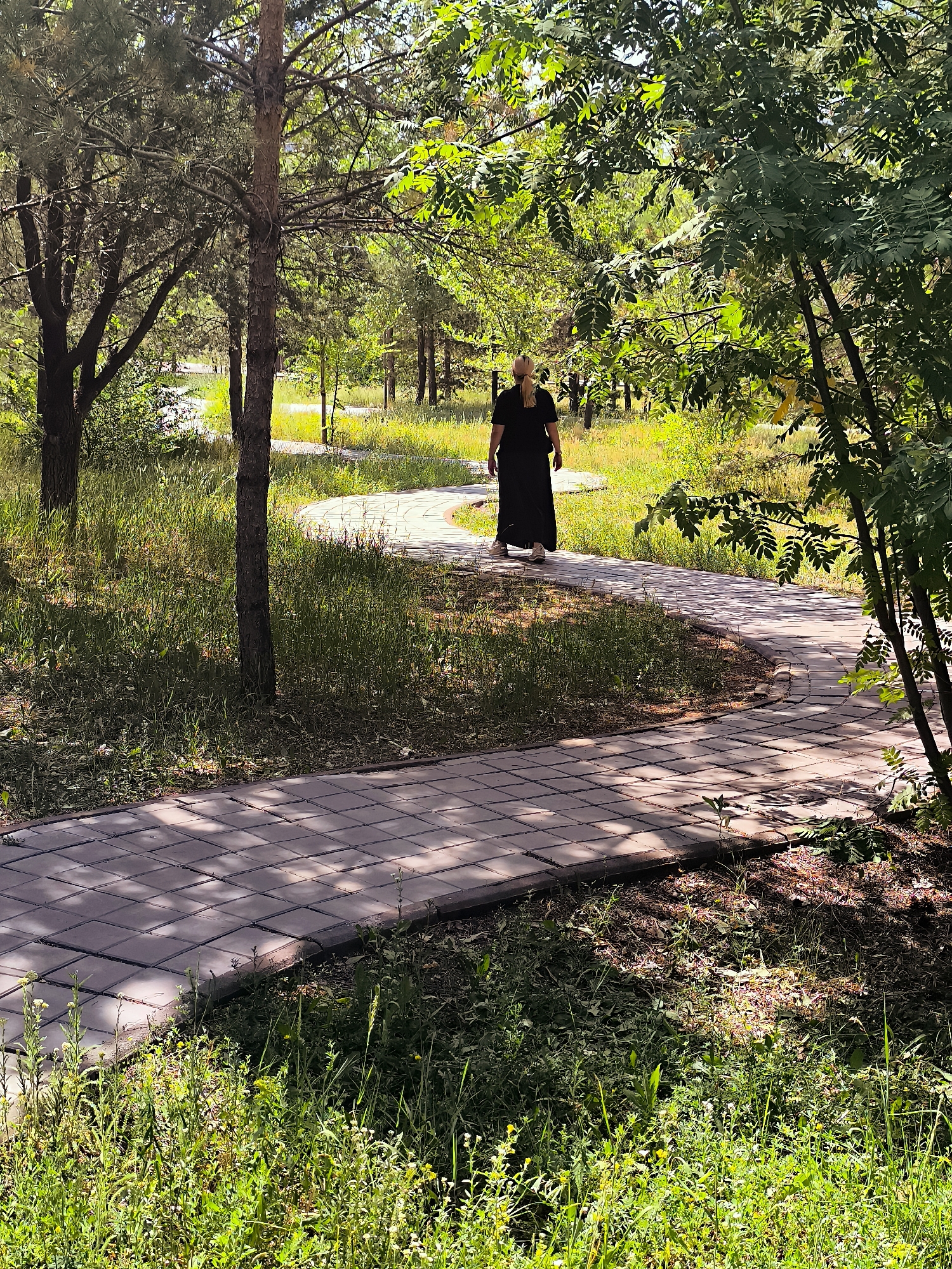 In Qarağandı city administration, Kazakhstan, a woman with blonde hair pulled back in a ponytail is walking away from the camera on a curved, paved pathway. She is wearing a long, black dress and white sneakers. The pathway is bordered by lush green grass and trees, with sunlight filtering through the leaves, casting dappled shadows on the ground. The scene appears to be a park or a tree-lined area within the city.