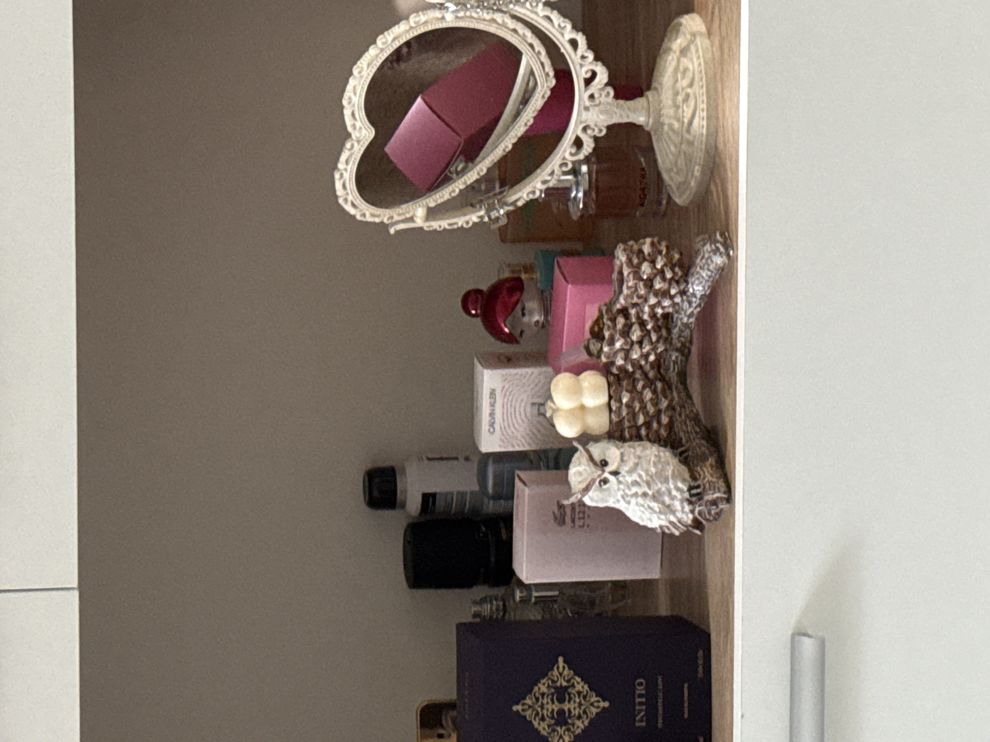 A shelf inside a cabinet contains various items, including perfume bottles, boxes, a decorative mirror, a decorative owl, and a decorative pinecone. The scene appears to be indoors and residential. There is no indication of a specific city or location.