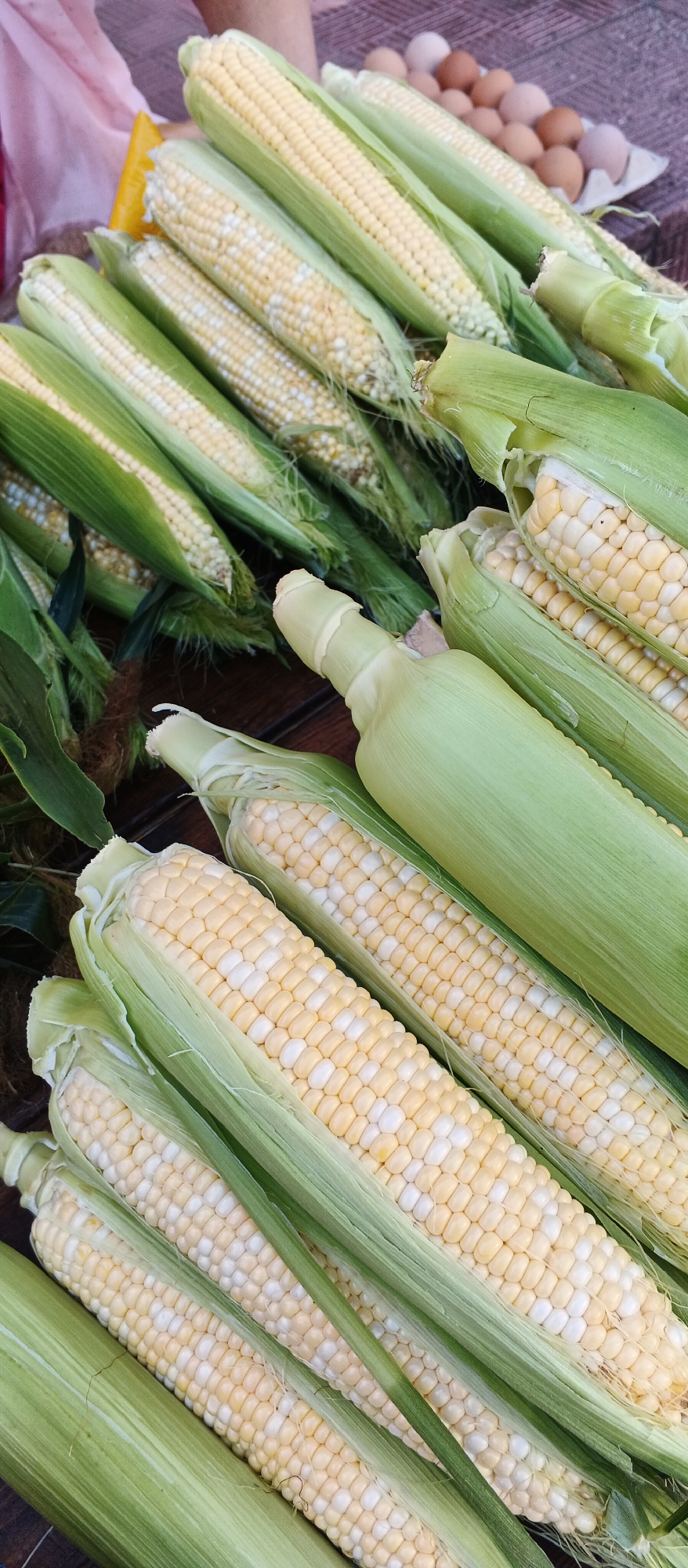A close-up, high-angle shot shows a display of freshly harvested bi-colored corn on a wooden surface, likely at a market stall in Smila, Ukraine. Several ears of corn, still in their husks, are arranged diagonally across the frame, with the yellow and white kernels clearly visible on some of the partially shucked cobs. The background is blurred but suggests a broader market scene with hints of other produce and possibly other shoppers. The lighting is natural and appears to be daytime.
