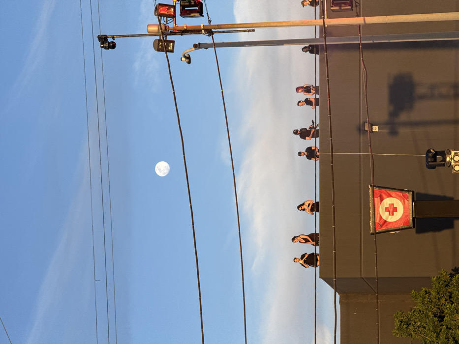An outdoor image depicts an urban environment in Los Angeles, United States of America, under a clear blue sky with faint clouds. A full white moon is visible in the upper center of the frame. Multiple dark utility wires traverse the sky horizontally. On the right, a utility pole supports several black surveillance devices and a vertical stack of red traffic lights.
The middle ground features the top section of a dark grey commercial or industrial building. Nine individuals are positioned along the roof's edge, standing on a parapet. From left to right, they include: three females in dark clothing, two males in dark t-shirts and baseball caps (one holding a camera), a female with red hair, and additional partially visible individuals to the right. All are facing generally forward. Below the building and to the left, green foliage is visible. A red and white square sign, featuring a red cross symbol, is mounted on a pole in front of the building, casting a shadow on the wall. The scene is illuminated by natural light, suggesting early morning or late afternoon conditions.