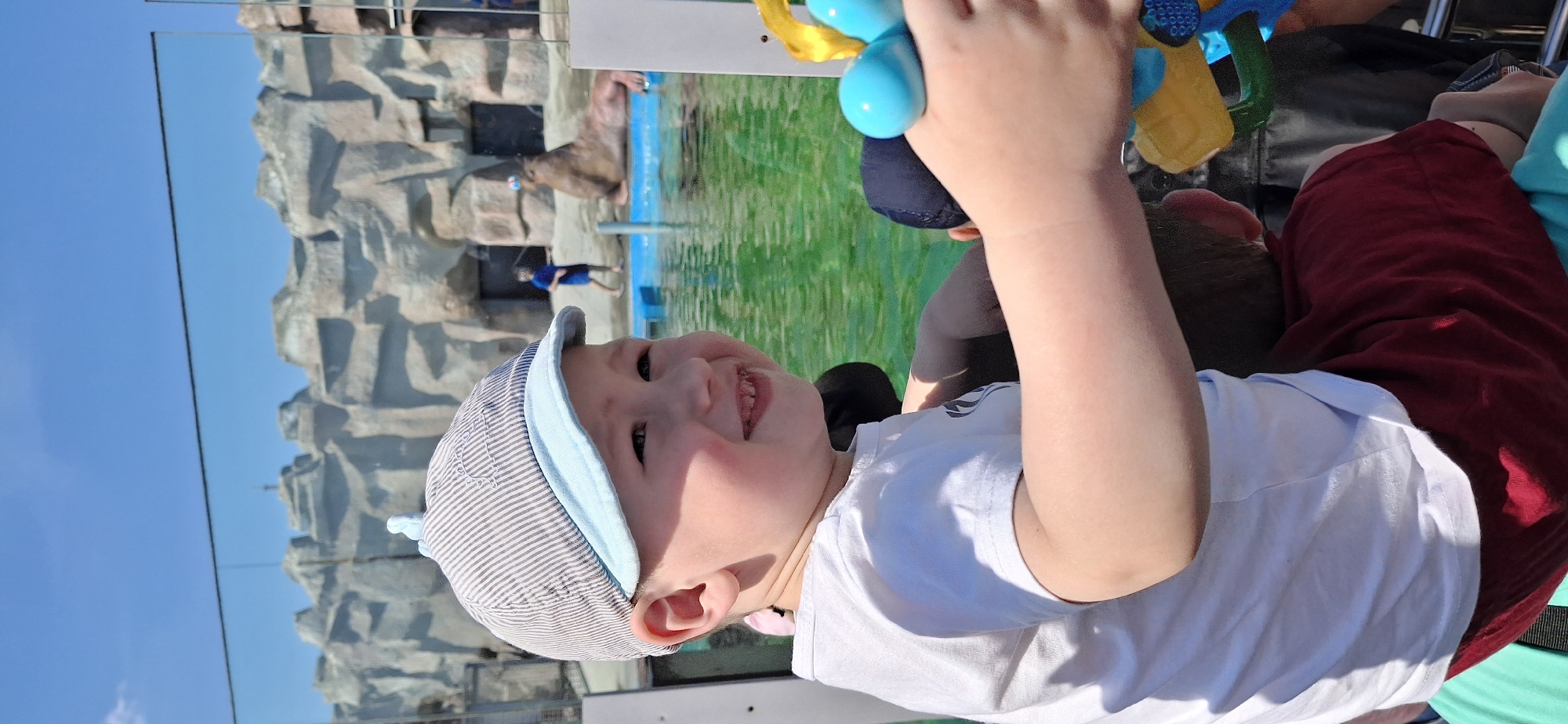 A child wearing a gray and blue striped hat is playing with a colorful toy. The child is seated next to an adult wearing a maroon shirt. Behind them, there is a glass barrier, a body of water, and an artificial rock structure with sea lions. In the background, a person is walking near the water. The scene appears to be in an aquarium or zoo enclosure, possibly located in Izhevsk, Russia.