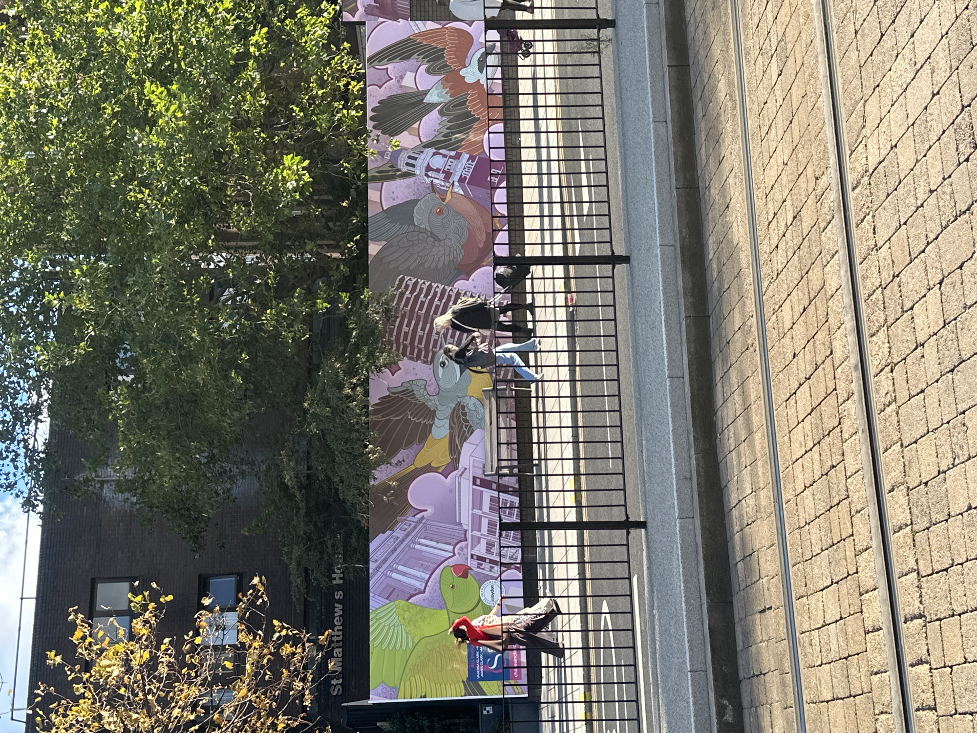 The image depicts a mural on a building, featuring large parrots and birds with intricate wing patterns against a pink sky. The mural is partially obscured by trees. In front of the mural, a black metal fence separates the sidewalk from the street. Several people are walking along the sidewalk. On the street, tram tracks are visible, laid into a brick-paved surface. The building behind the mural is brick with visible windows and appears to be labeled "St Matthew's House". The lighting suggests it is daytime with sunlight casting shadows.