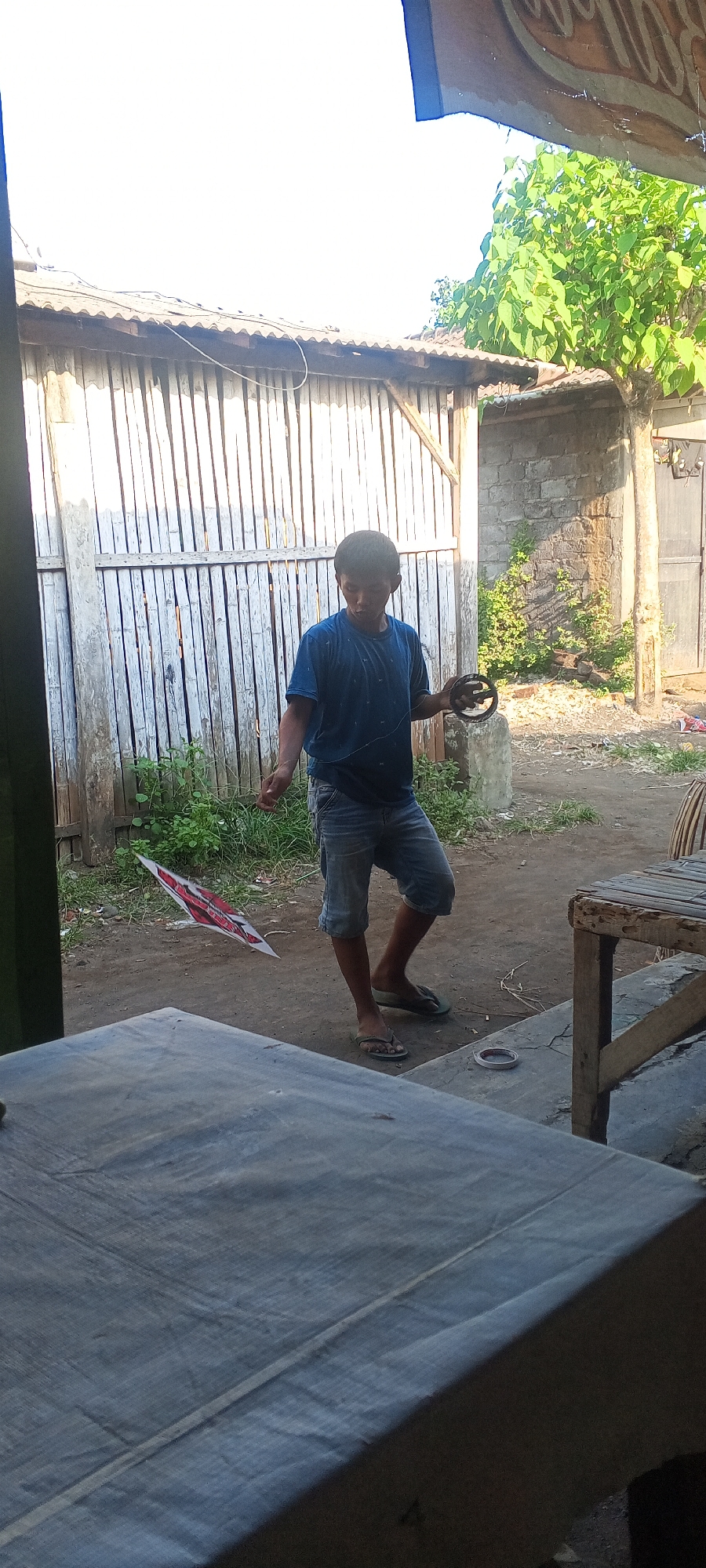 A young boy, appearing to be of Indonesian descent, stands outdoors in what appears to be a residential yard in Lumajang, Indonesia. He is wearing a dark blue t-shirt and denim shorts, with dark flip-flops on his feet. The boy is holding a spool of thread in his right hand and a kite in his left, with the kite trailing behind him. The kite is white with red patterns. Behind the boy is a weathered wooden fence, and beyond that, a building constructed of concrete blocks. To the right of the boy, a tree with lush green foliage stands beside the building. In the foreground, a large, flat, grey surface, possibly a table covered with a tarp, occupies the lower portion of the image. The ground is dirt, with patches of green grass and weeds. Sunlight casts shadows, indicating it is daytime.