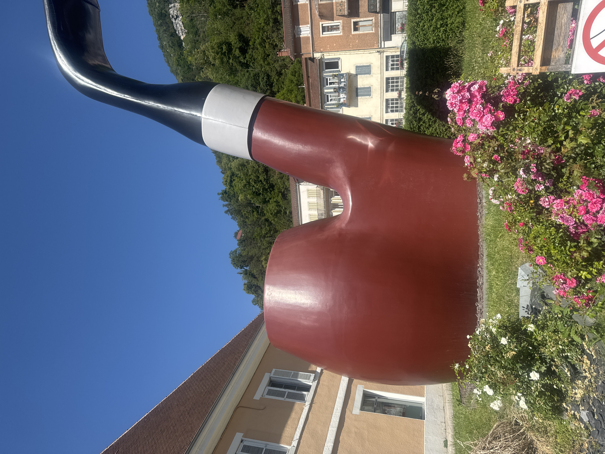 The image depicts a large, glossy red sculpture of a pipe, likely a representation of a Saint-Claude pipe, situated in an outdoor setting. The sculpture is prominently placed in the foreground, with its stem curving upwards towards a clear blue sky. Behind the sculpture, a tan-colored building with white-shuttered windows is visible on the left, and other buildings with balconies and windows are seen further in the background. Lush green trees and foliage climb a hillside behind the buildings, suggesting a location with natural surroundings. In the lower part of the image, a dense cluster of pink roses and white flowers are in bloom, adding a touch of color to the scene. A wooden structure, possibly a display stand or bench, is partially visible to the right of the flowers. The overall impression is of a public space or park in Saint-Claude, France, celebrating its heritage of pipe making. There are no people visible in the image.