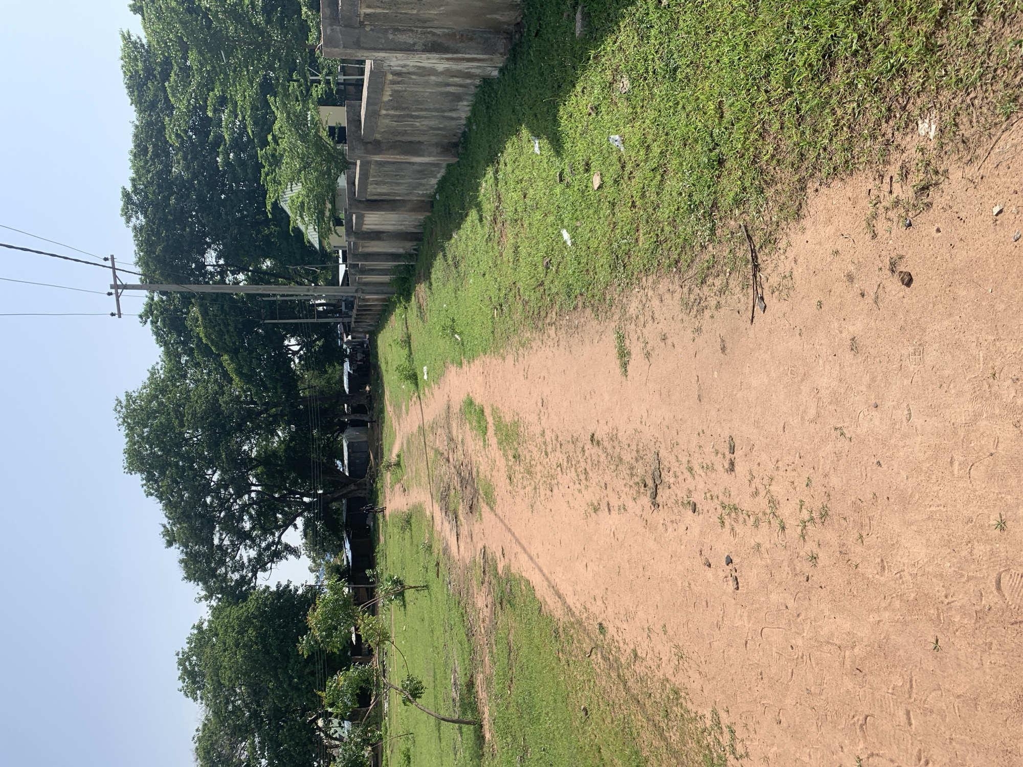 The image depicts a dirt road in Jalingo, Nigeria, bordered on the right by a concrete wall and on the left by a grassy area with young trees. The road appears to be a pathway leading into a more densely vegetated area with larger trees and some structures visible in the background, possibly residential or administrative buildings. A utility pole with electrical wires stands prominently near the center-right of the image. The sky is clear and blue, suggesting a sunny day. A lone figure is visible walking on the road in the distance. The ground shows signs of foot traffic and some scattered debris on the grass.