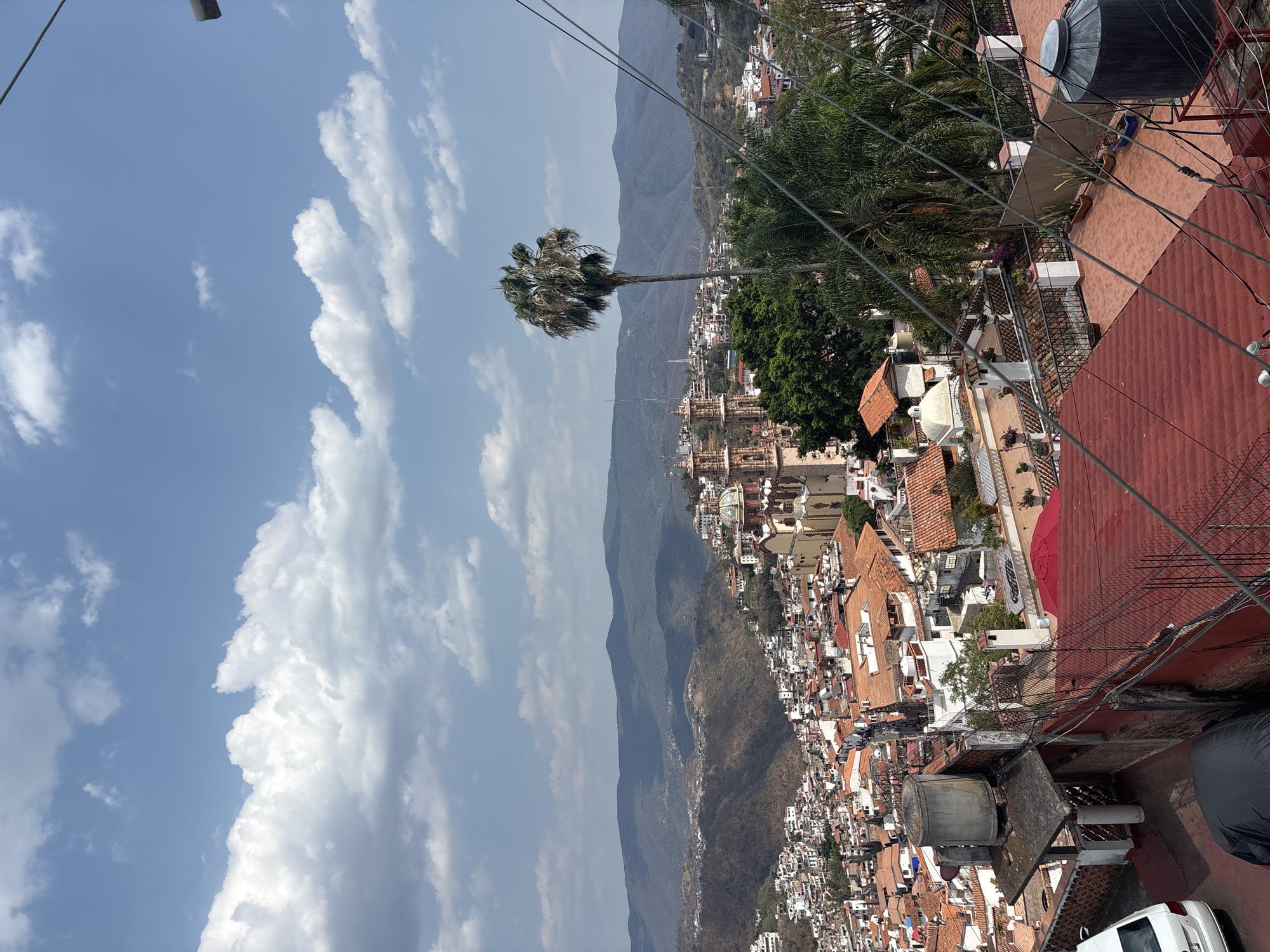 The image presents an elevated view of the city of Taxco, Mexico, characterized by its dense urban layout and distinctive architectural elements. The cityscape is dominated by red-tiled roofs that cover the numerous buildings scattered across the hills. A prominent feature is a tall palm tree that stands out against the backdrop of mountains in the distance. The sky is partially covered with white clouds. In the immediate foreground, a building's rooftop with water tanks and various objects is visible, suggesting the photograph was taken from a building's upper level. Utility lines stretch across the foreground.