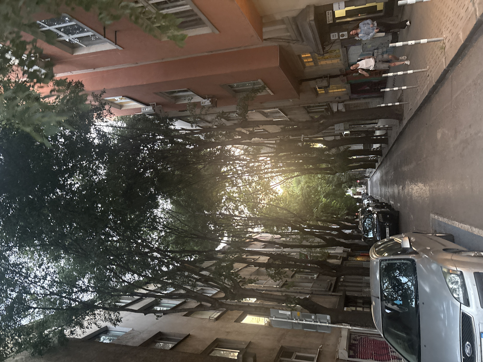 The image depicts a street scene in an urban environment, likely in the city of Unknown. The perspective is from a low angle, suggesting the photograph was taken from a car or a low vantage point on the street. On the left side of the street, a row of apartment buildings with a muted, beige facade are visible, characterized by multiple windows and balconies. Trees with dense foliage line the street between the sidewalk and the buildings, their branches creating a canopy overhead that filters the sunlight.
On the right side of the street, another apartment building with a reddish-orange facade is prominent. This building also features numerous windows, some of which are illuminated, suggesting interior lighting. Air conditioning units are mounted on the exterior walls of both buildings.
The street itself is paved and appears wet, indicating recent rain or cleaning. Cars are parked along the right side of the street, and a silver car, possibly a Ford Focus, is in the foreground, occupying the left side of the lane. Further down the street, other cars, including a black SUV, are parked.
Two individuals are walking on the sidewalk on the right side of the street. The person closer to the foreground is wearing a white tank top, grey shorts, and white sneakers. The person behind them is wearing a denim jacket over a white top and dark pants. They are walking away from the viewer, towards the vanishing point of the street.
The overall lighting suggests it is either early morning or late evening, with the sun's rays filtering through the trees, creating a slightly hazy and warm ambiance. The scene conveys a sense of everyday urban life.