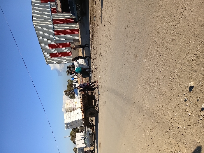 A building with a white exterior and red accents stands next to a dirt road. People are gathered near a flatbed truck loaded with stacks of white-wrapped items. Another truck and car are nearby. Overhead, a clear blue sky contrasts with the scene's industrial setting. The ground is mostly dirt, marked with tracks, suggesting recent activity.