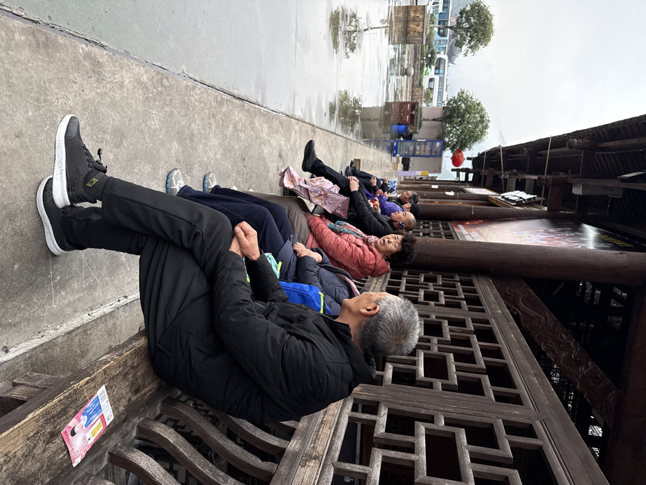 Six elderly individuals are seated on a long, dark wooden bench under a covered walkway of a traditional Chinese-style building in Pengshui Miao and Tujia Autonomous County, China. The building features large wooden columns, carved beams, and decorative latticework panels on the wall, along with a large, partially visible red and black poster. The ground in front of the bench is a wet, paved surface with visible puddles, indicating recent rainfall.
The individuals are positioned in a row, facing away from the building towards the wet plaza. The closest person, a man with grey hair, is seen from the back and side, wearing a black jacket and black pants with black and white sneakers. To his left, a woman in a dark blue coat and pants wears light blue sneakers. Next to her, a woman in a pink puffy jacket and a colorful scarf has a white earbud in her right ear and appears to be speaking or listening. Further down the bench, a bald man in a black jacket is seated, followed by a man in a purple jacket, and another partially obscured individual.
On the bench to the right of the foremost man, a small, colorful leaflet with cartoon-like figures is resting. A blue bag is visible next to the second woman, and the woman in the pink jacket holds a folded pink and white item, possibly an umbrella. In the background, beyond the wet paving, are two small green trees, a red lantern hanging from the building structure, a white vending cart, and multiple buses (white, blue, green) in a paved area. Distant mountains are visible under an overcast sky.
