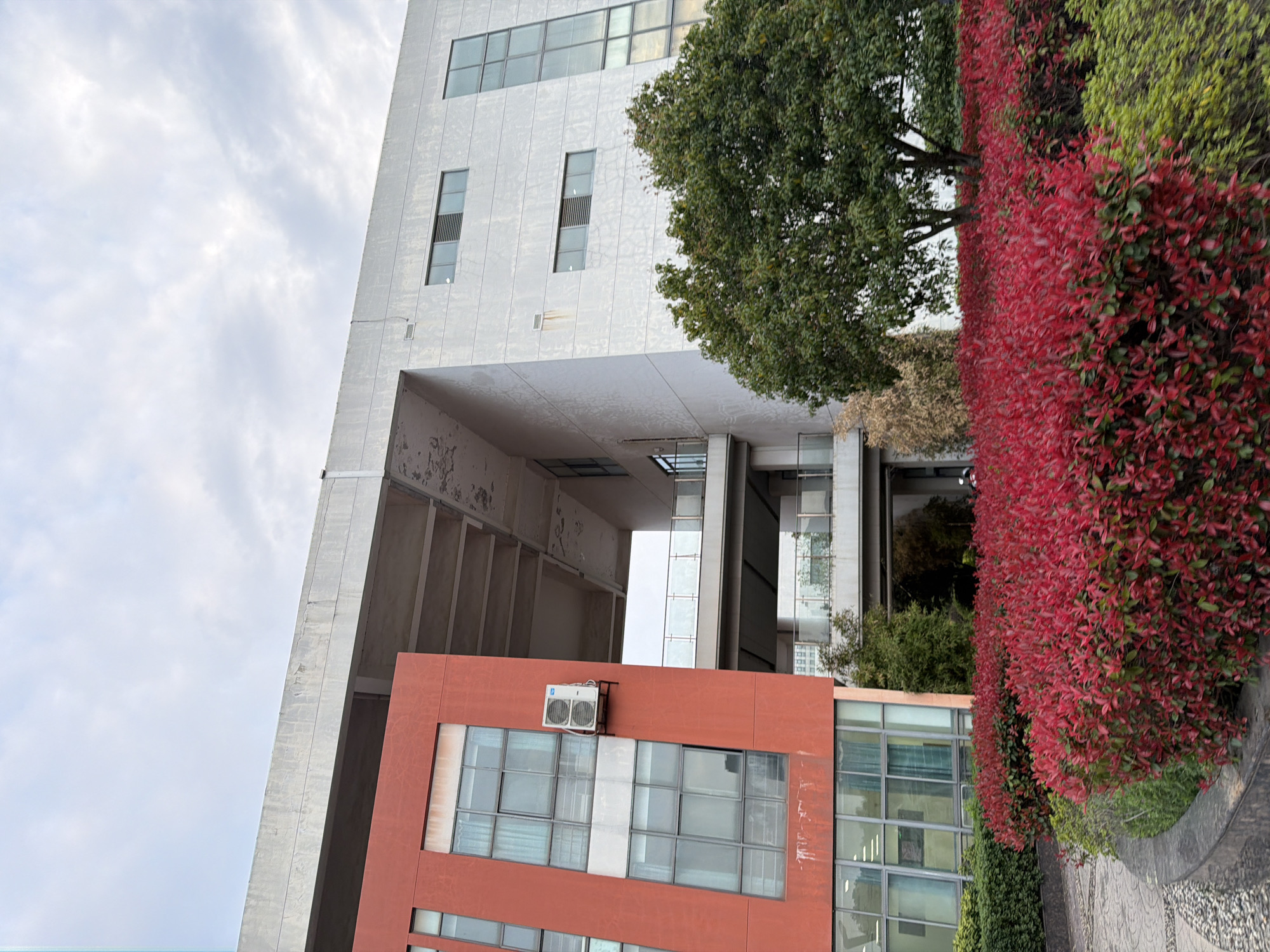 An outdoor photograph captures a segment of a modern architectural complex and its surrounding landscape in Jiangning District, China, under an overcast sky. The scene is dominated by two multi-story buildings interconnected by exposed concrete structures and elevated walkways. The building on the left features a reddish-orange facade with numerous large, rectangular windows. A white Midea-branded outdoor air conditioning unit is visibly mounted on a black metal bracket on this wall, situated between two window levels, with rust-colored streaking evident beneath it. The adjacent building on the right displays a light grey or off-white facade, incorporating various window styles including horizontal rectangular windows with integrated vents and tall vertical window arrays. Elevated concrete beams and the undersides of connecting passages show signs of weathering and discoloration. Three multi-level pedestrian walkways, equipped with clear glass and metal railings, bridge the gap between the building sections. The foreground is extensively landscaped with dense, low-lying bushes primarily exhibiting vibrant red foliage, indicative of Photinia x fraseri. A paved walkway composed of light-colored, patterned pebbles is visible in the lower-left. Behind the red bushes, a mature tree with dense green foliage is present, alongside other green shrubbery and a smaller, brownish tree. The sky above is uniformly light grey with visible cloud formations, denoting an overcast condition. No individuals are present in the image.