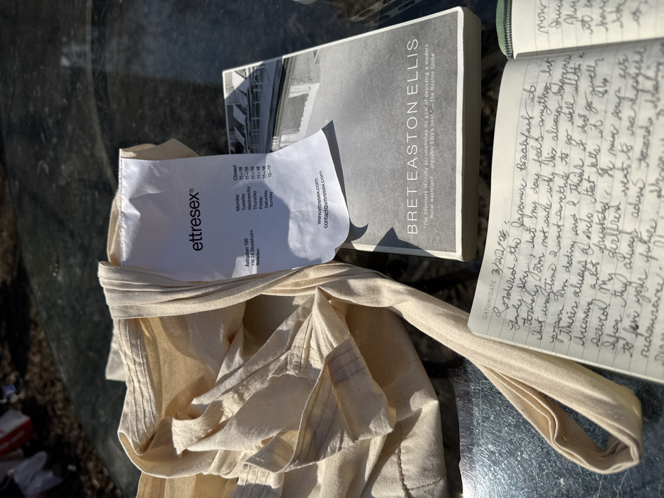 The image depicts several personal items arranged on a dark, textured outdoor surface, likely a table, under direct sunlight, casting subtle shadows. A crumpled, light beige fabric item, possibly a tote bag or garment, occupies the left and center of the frame. Overlapping this fabric is a white paper receipt or label for "ettresex," which distinctly displays the address "Åsögatan 136, 116 24 Stockholm, Sweden," along with operating hours and contact information. This evidence indicates the scene is located in Stockholm, Sweden, not the city of New York, United States of America. To the right of the fabric and receipt, a paperback book by "BRET EASTON ELLIS" is visible, featuring a grey cover with a quote from "The Boston Globe." In the foreground, an open journal or notebook with handwritten text in black ink is present, dated "3/22/XX," detailing personal reflections including a mention of "Japanese breakfast." The background is blurred, showing an indistinct outdoor setting with sparse vegetation or ground cover. No individuals are present in the scene.