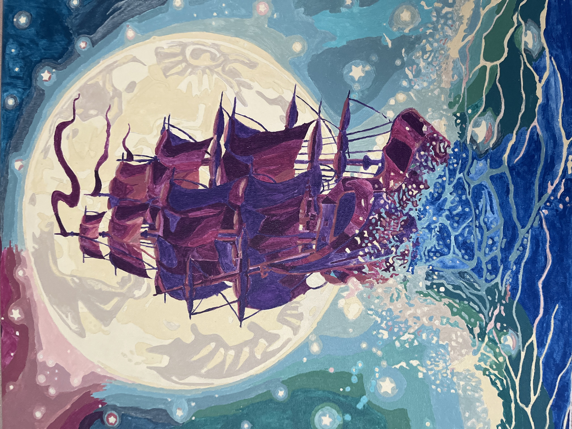The image is a painting depicting a purple sailing ship with dark sails navigating through choppy blue and green waves under a large, pale yellow moon. The moon has a faintly visible face or pattern on its surface and is surrounded by a halo of light and scattered stars, some of which are star-shaped. The sky transitions from pale pink and lavender near the moon to deep blue at the top, with streaks of teal and green. White foam and spray are visible where the ship meets the water, indicating rough seas. The painting has a stylized, illustrative quality with distinct brushstrokes. The scene does not provide any information about Vvedenka, Ukraine.