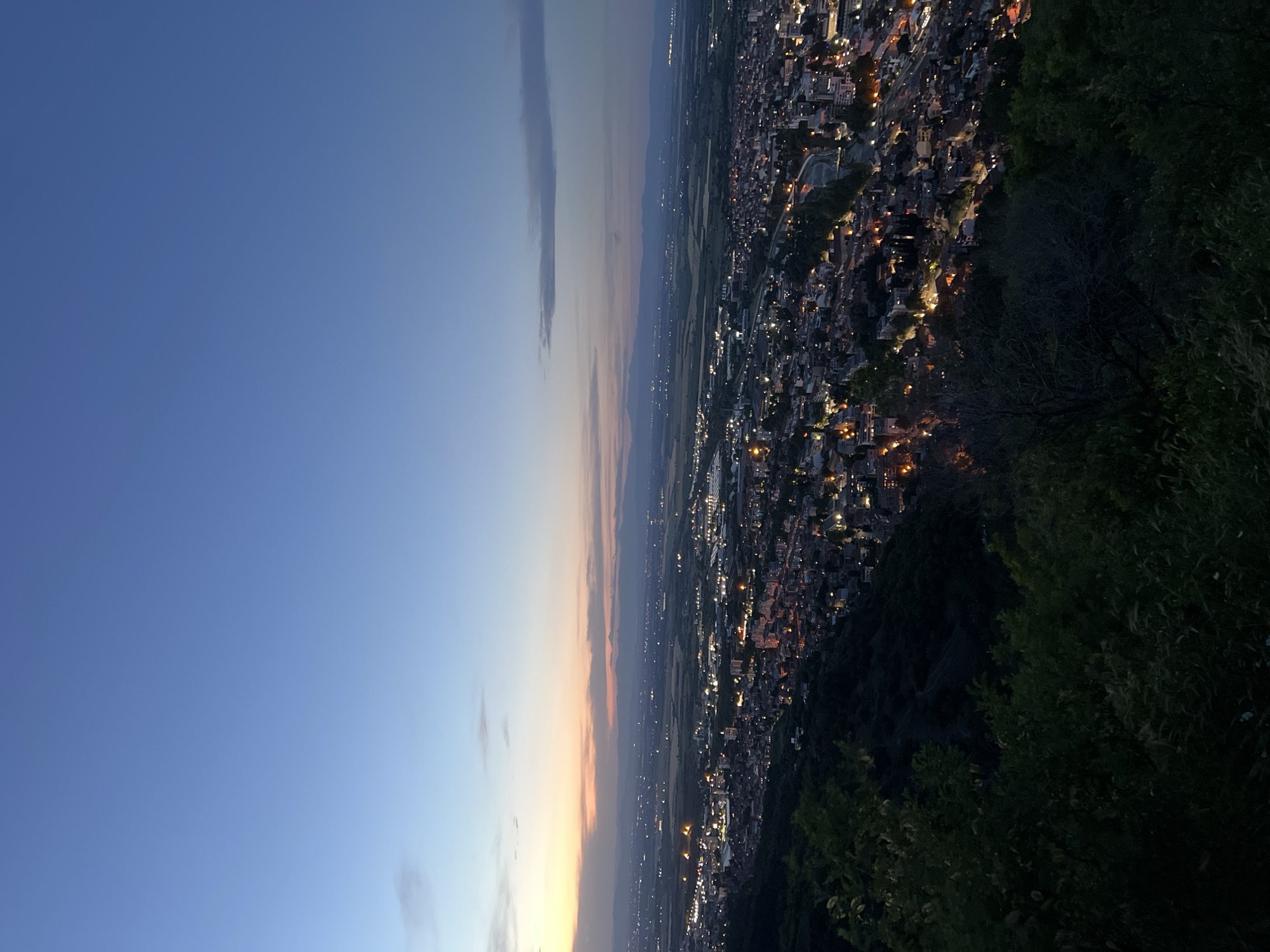 The image depicts an elevated view of a city at twilight. The sky transitions from blue to orange and purple hues near the horizon. Below, a dense urban area is illuminated with streetlights and building lights. To the right, foliage suggests the viewpoint is on a hill or mountain overlooking the city. It is likely Asenovgrad, Bulgaria based on the location criteria, given that it is a city overlooked by hills and mountains. No people, subjects, objects, actions, or interactions are visible, except for the city lights.