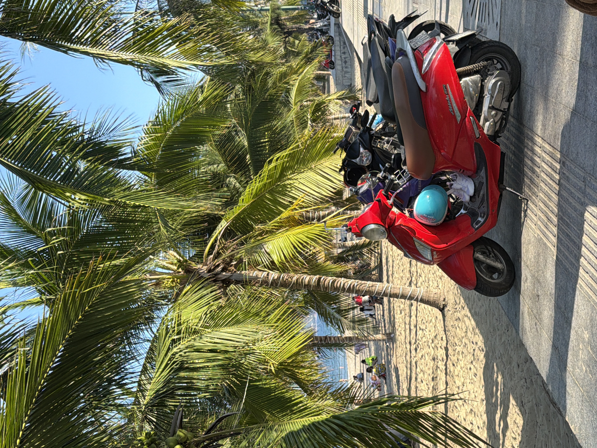 A red scooter is parked on a tiled walkway next to a sandy beach under palm trees. The scooter has a blue helmet and white sneakers on its side. In the background, people are sitting on the sand near the ocean. Several other scooters are parked behind the red one. The image appears to be taken in Nha Trang, Vietnam, a coastal city known for its beaches and palm-lined streets.