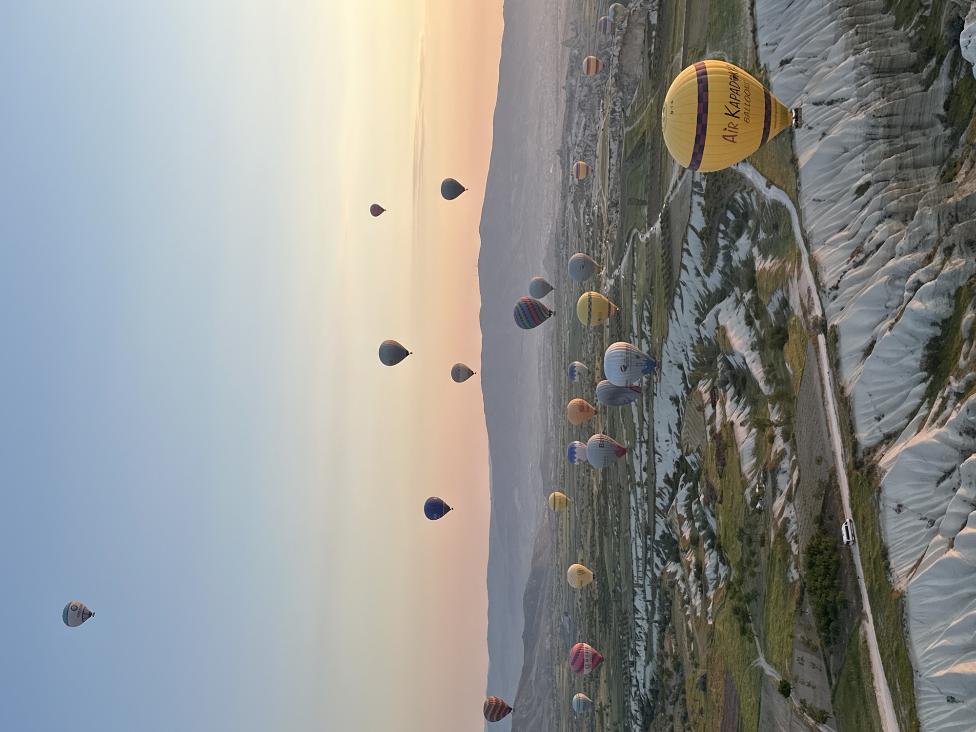 The image captures a majestic aerial view of numerous hot air balloons gracefully ascending over the distinctive landscape of Cappadocia, Turkey, specifically Uçhisar Beldesi. The scene is set during either sunrise or sunset, indicated by the soft, warm light in the sky, which transitions from a clear blue on the left to a golden orange and yellow hue towards the right.
The primary subjects are the many hot air balloons, scattered across the frame at various altitudes. A large, prominent yellow balloon dominates the mid-right, clearly displaying the text "AIR KAPADOKYA BALLOONS" and "www.airkapadokya.com" along its side, with dark red vertical stripes. Other balloons in the distance come in a variety of colors and patterns, including blue, red, orange, and striped designs.
Below the balloons, the unique geology of Cappadocia unfolds. The landscape is characterized by undulating valleys, patches of green vegetation, and numerous white, eroded rock formations, commonly known as "fairy chimneys." Dirt roads and tracks weave through these formations and fields. A small white car is visible on one of these tracks in the lower right section of the image. Hazy mountains or hills define the distant horizon, adding depth to the panoramic view. The overall activity depicted is a mass hot air balloon flight, showcasing the serene beauty and popular tourist attraction of the region.