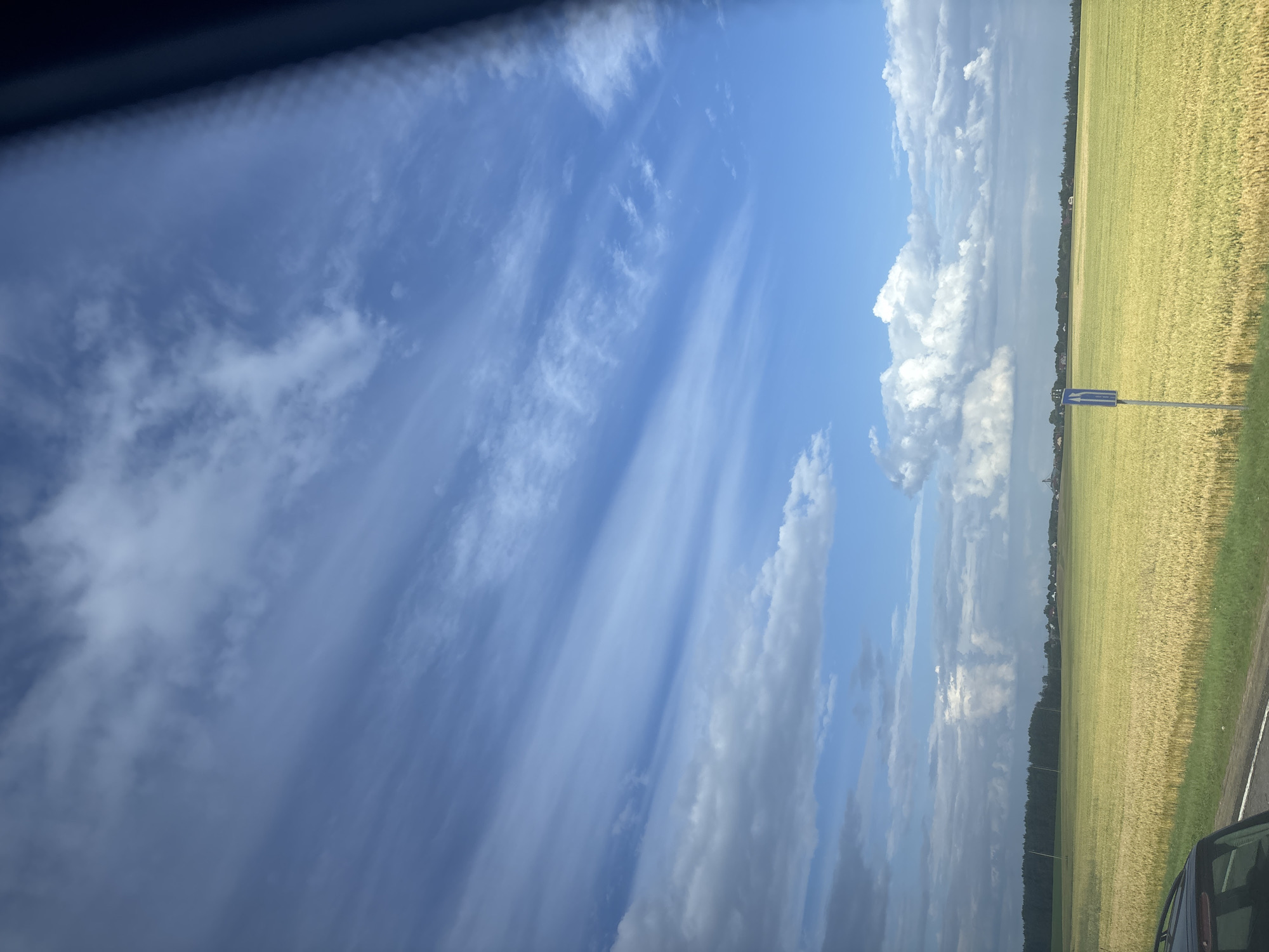 The image depicts a rural landscape under a vast blue sky filled with wispy white clouds. In the foreground, a portion of a dark-colored vehicle is visible on the left, suggesting the photo was taken from a moving car. A road runs along the bottom edge of the frame, bordering a field of golden crops, likely wheat or barley, that stretches towards the horizon. A solitary blue and white road sign, indicating a directional arrow, stands in the middle of the field. In the distance, a line of trees forms a dark green band against the horizon, with scattered houses and buildings peeking through, indicating a small settlement. The overall scene conveys a sense of open space and agricultural activity in a peaceful, rural setting within the Дзешчанскі сельскі Савет, Belarus.