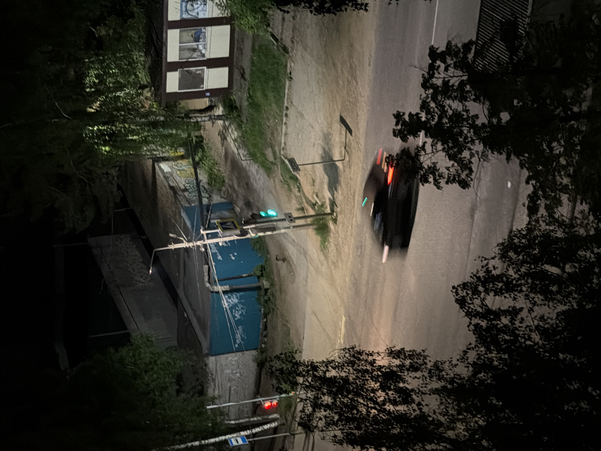 The image depicts a night scene in what is likely Chaikovsky, Russia. A blurred car is moving on a street. The image is taken from a high angle, potentially from a building overlooking the street. The street is illuminated by streetlights, traffic lights, and the car's headlights. Buildings are visible on the sides of the street. Trees are present on both sides of the street. A building with multiple windows is visible near the upper left corner of the image. Traffic lights show both red and green. The overall environment appears to be urban and residential.