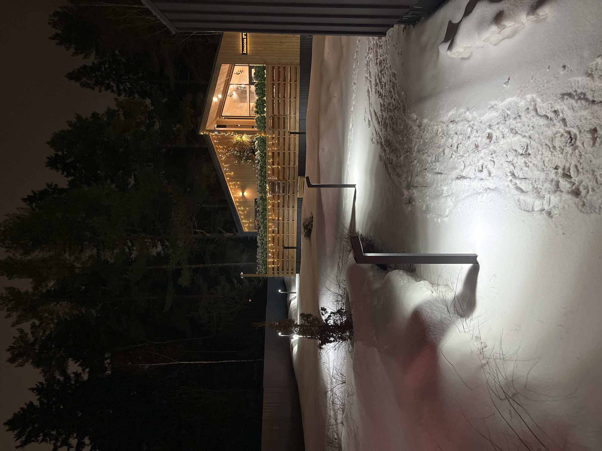 The image depicts a snow-covered scene at night. A wooden building is visible on the left side, adorned with lights. The building is identified by a sign that reads "Arkhitektura" in Russian. The location is Izhevsk, Russia. Snow covers the ground, with visible footprints. A fence or railing is partially visible in the foreground, casting shadows on the snow. Tall trees are silhouetted against the night sky on the left.