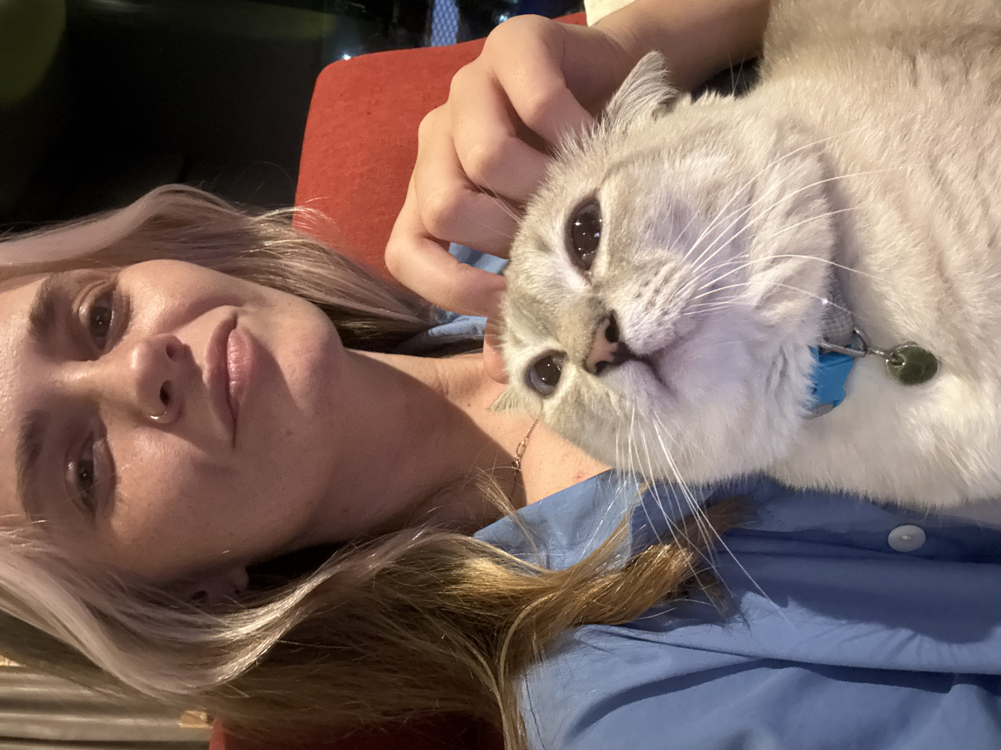 A close-up selfie shows a fair-skinned woman with blonde-highlighted hair and a nose ring. She is wearing a blue collared shirt and is holding a light-colored cat with blue eyes and a blue collar. Her right hand is gently petting the cat's head. The background is dark and appears to be indoors, possibly in a vehicle, with a glimpse of red upholstery. The scene is consistent with a casual moment captured in a private setting, such as a home or a car, and provides no direct indications of its specific location within Choeng Thale, Thailand.