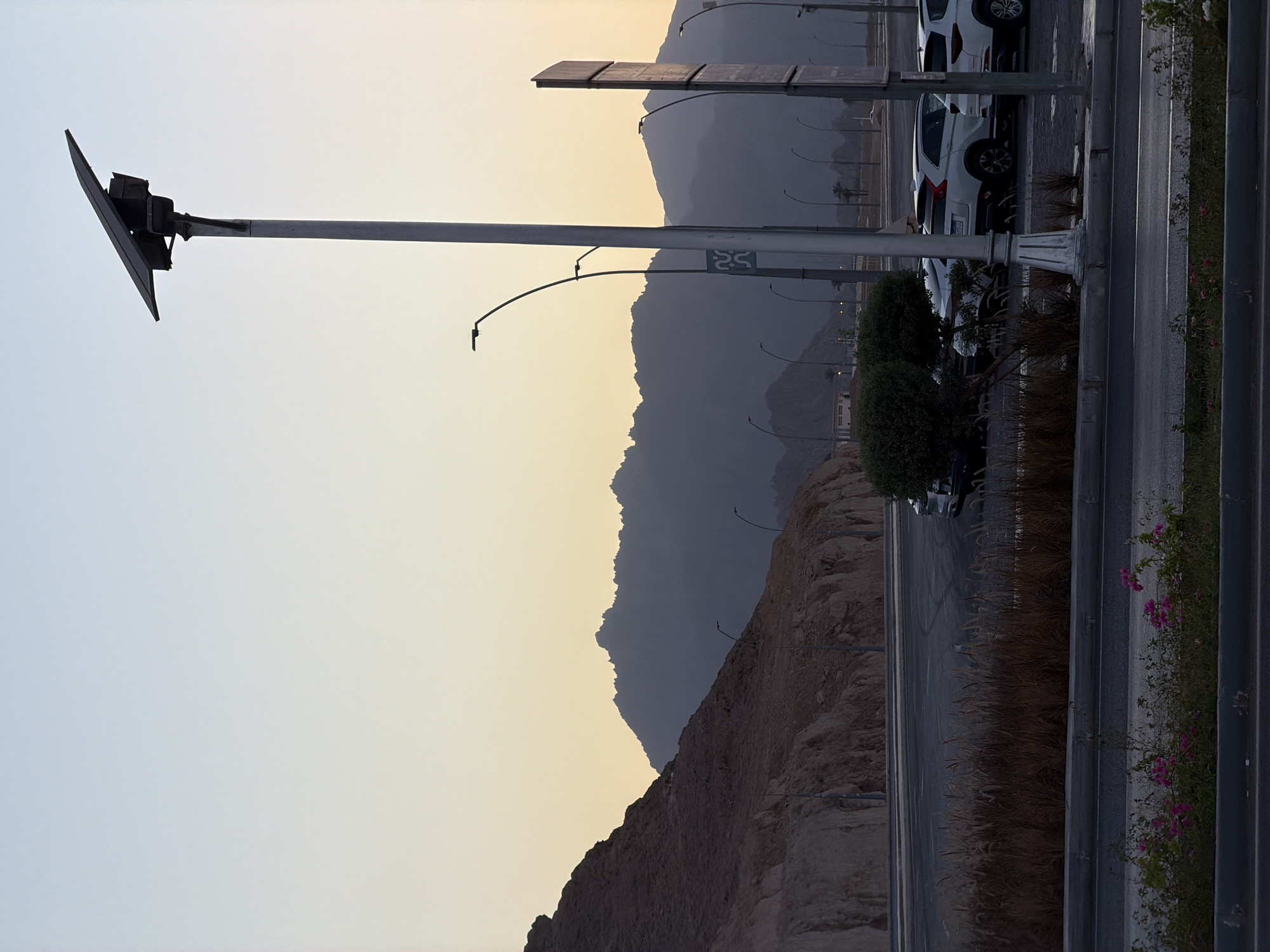 The image depicts an outdoor scene at dusk, possibly in Sharm El Sheikh, Egypt, characterized by a serene natural landscape juxtaposed with modern infrastructure. In the foreground, a paved road separates a patch of dry, golden grasses and small pink flowers from a darker, paved area with parked cars. The cars appear to be modern SUVs and sedans, mostly white. Beyond the parking area, a row of streetlights with curved arms and one prominent pole with a solar panel at the top are visible.
The middle ground is dominated by the striking reddish-brown slopes of rocky mountains, layered against a hazy, pale yellow sky. These mountains exhibit rugged textures and appear to be arid, characteristic of a desert environment. In the background, a range of darker, silhouetted mountains recedes into the distance, their jagged peaks softened by the atmospheric conditions of twilight. The sky transitions from a pale yellow near the horizon to a soft, light blue overhead, indicating the end of daylight.
The scene suggests a public space, likely a parking lot or a roadside area, integrated into a mountainous terrain. The presence of streetlights and the solar-powered lighting system point towards urban development within a natural setting. No people are visible in the image. The overall atmosphere is calm and still, bathed in the soft light of dusk.