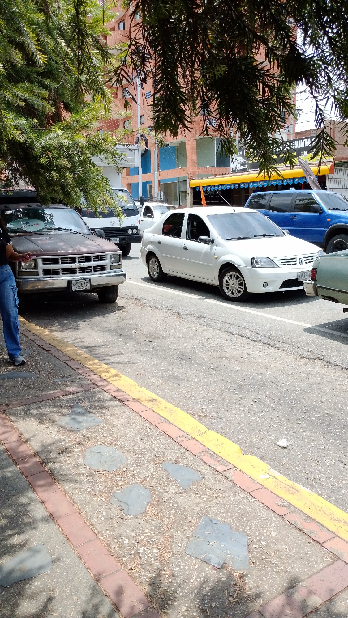 This media file captures a vibrant daytime street scene in Tinaquillo, Venezuela, filled with vehicles and urban architecture under a sunny sky. The image is framed by the dark green foliage of overhanging trees, which cast dappled shadows on the ground.
In the foreground, a person is partially visible on the left, standing next to a dark brown, older model Chevrolet pickup truck. The truck bears the license plate "50S DAC". To its right, a white Renault Logan sedan is prominently parked on the street, displaying the license plate "AJ579LA". Further along the street, a blue SUV, possibly a Nissan Xterra, is visible, and the rear of a green car is also seen on the far right. A white Toyota Dyna truck is partially visible between the brown pickup and the white sedan.
The street itself shows white lane markings. Adjacent to the street, a sidewalk features a distinctive pattern of reddish-brown bricks bordering a yellow-painted curb. The sidewalk surface is concrete with irregularly shaped grey stones embedded within it, and some dry leaves are scattered across it.
In the background, multi-story buildings dominate the cityscape. These structures have brick facades, with some sections painted blue at ground level, suggesting commercial establishments. A yellow awning with a scalloped edge is visible over one storefront, bearing partially legible text including "QUINTA" and "AUTO PAR...". The clear sky and bright light indicate it is midday or early afternoon. The overall impression is a bustling street in a South American town.