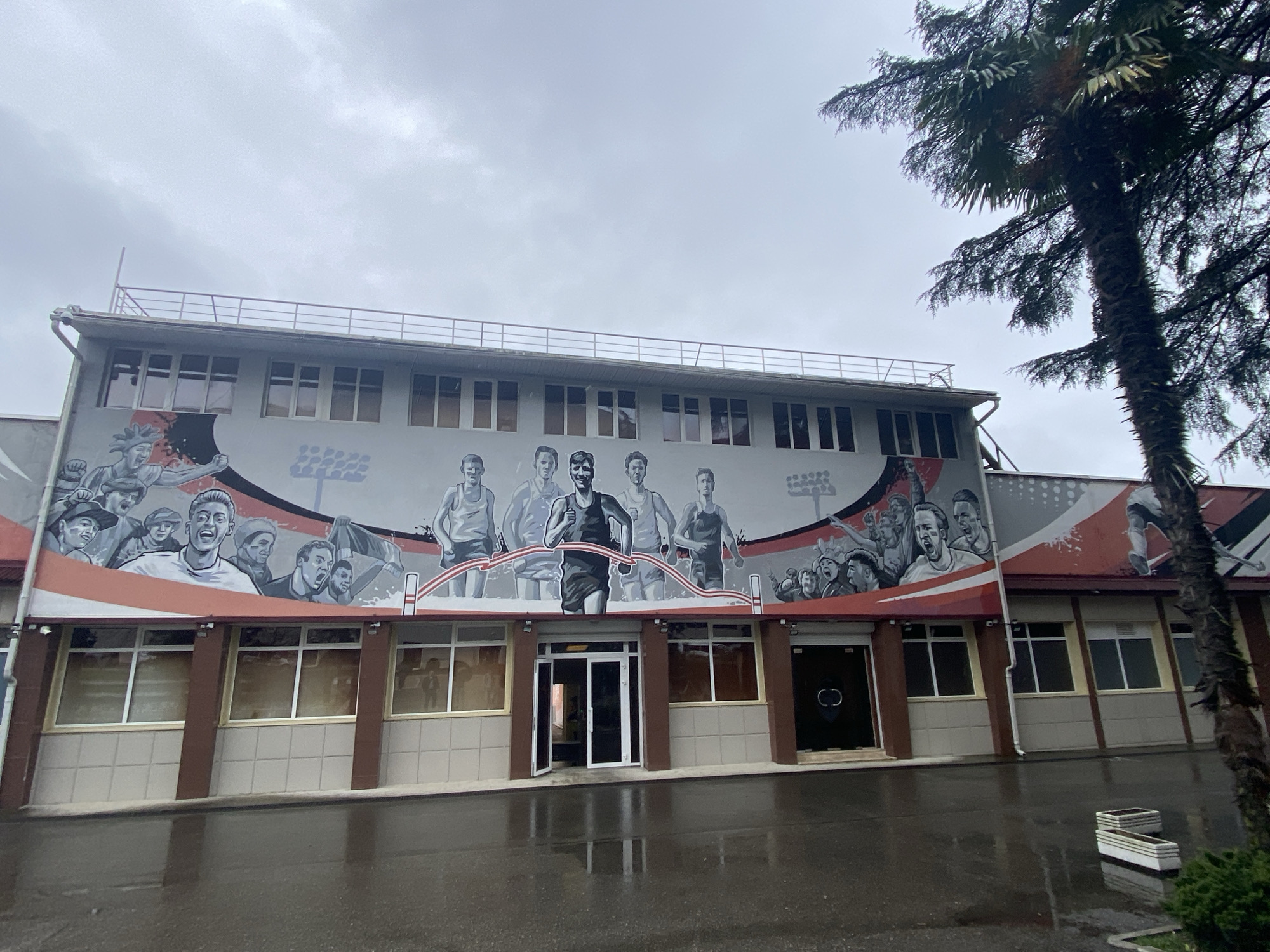 The image depicts the facade of a two-story building on a wet, cloudy day, possibly located in Sochi, Russia, judging by the mural that features athletes and sporting scenes. The building has a gray exterior with brown accents around the windows and supporting columns. A prominent mural spans the upper part of the building depicting runners and crowds, painted in grayscale with red accents. The ground in front of the building is wet, reflecting the cloudy sky. There is a palm tree on the right side of the frame. The building has multiple windows and two entrances at ground level, one of which is a set of glass doors. Planters are visible near the bottom right corner of the image.