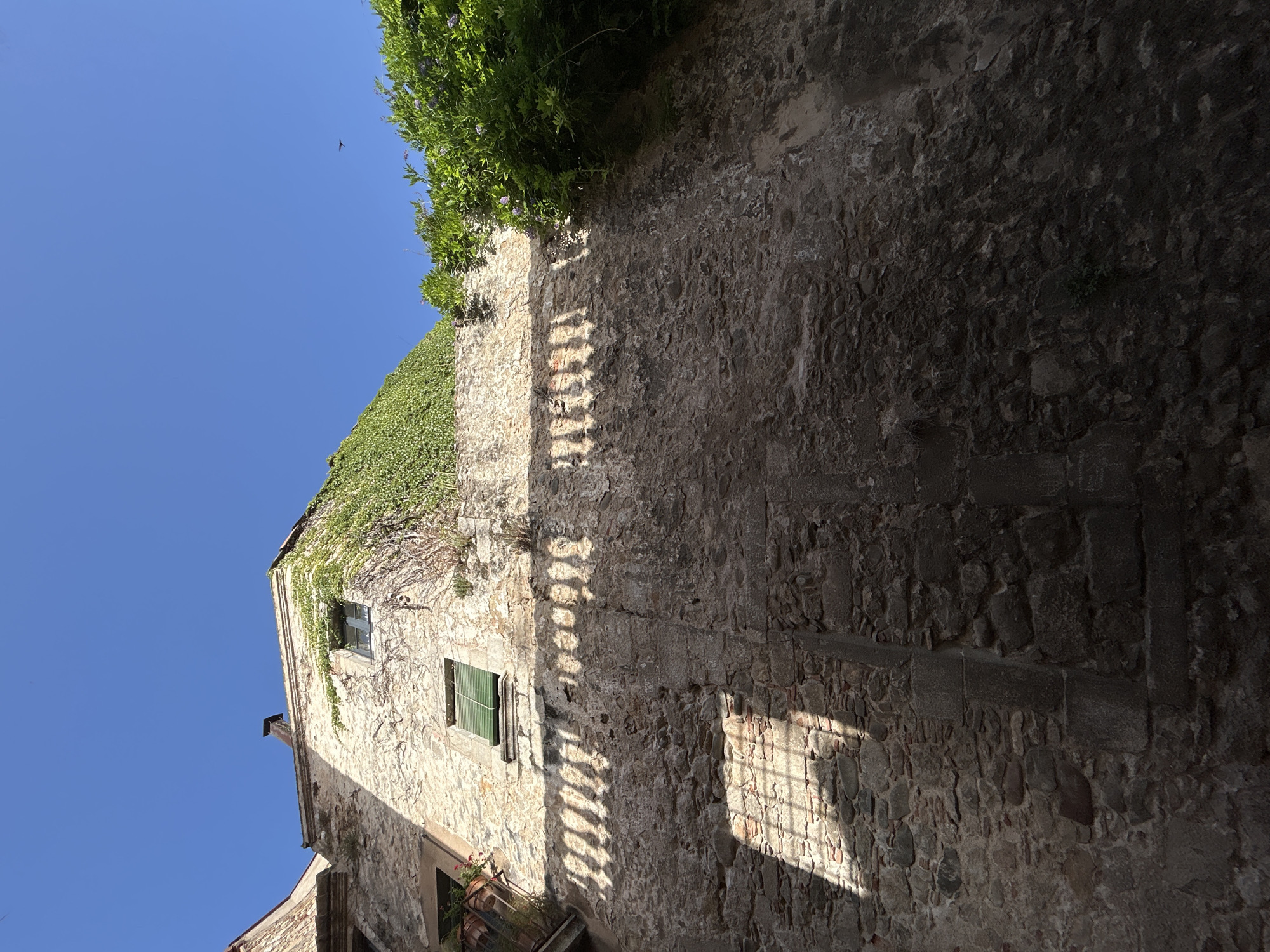 The image shows a low-angle view of an old stone building with a clear blue sky above. The building is covered in ivy in some areas, and has two windows with green shutters. A balcony with plants is visible on the left. Sunlight casts shadows on the textured stone wall. The scene is likely located in the historic center of Girona, Spain, known for its medieval architecture and winding streets. A small bird is visible in the sky.