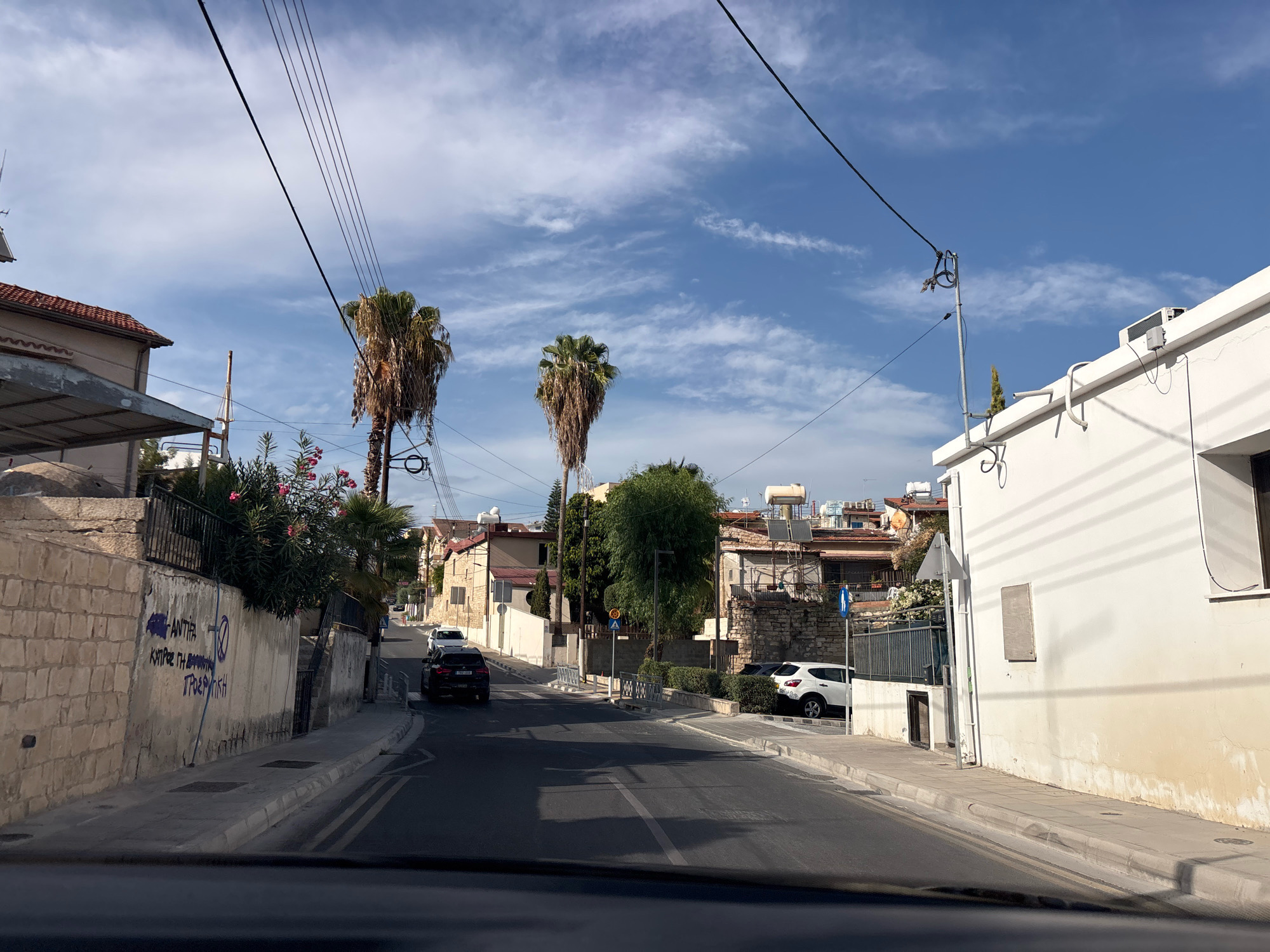 The image depicts a street scene in Agios Athanasios Municipality, Cyprus, on a partly cloudy day. The perspective is from inside a vehicle, looking forward down a paved road with a painted center line. On the left side of the road, a low stone wall with graffiti is visible, followed by a sidewalk and houses with tiled roofs. Two prominent palm trees stand along this side of the street, with one appearing older and sparser than the other. On the right side, a modern white building with a visible air conditioning unit is present, followed by more houses and a white car parked on the side of the road. Several other cars are on the street, including a black SUV. Electrical wires crisscross overhead. The environment appears to be a residential or mixed-use urban area with Mediterranean architectural influences.