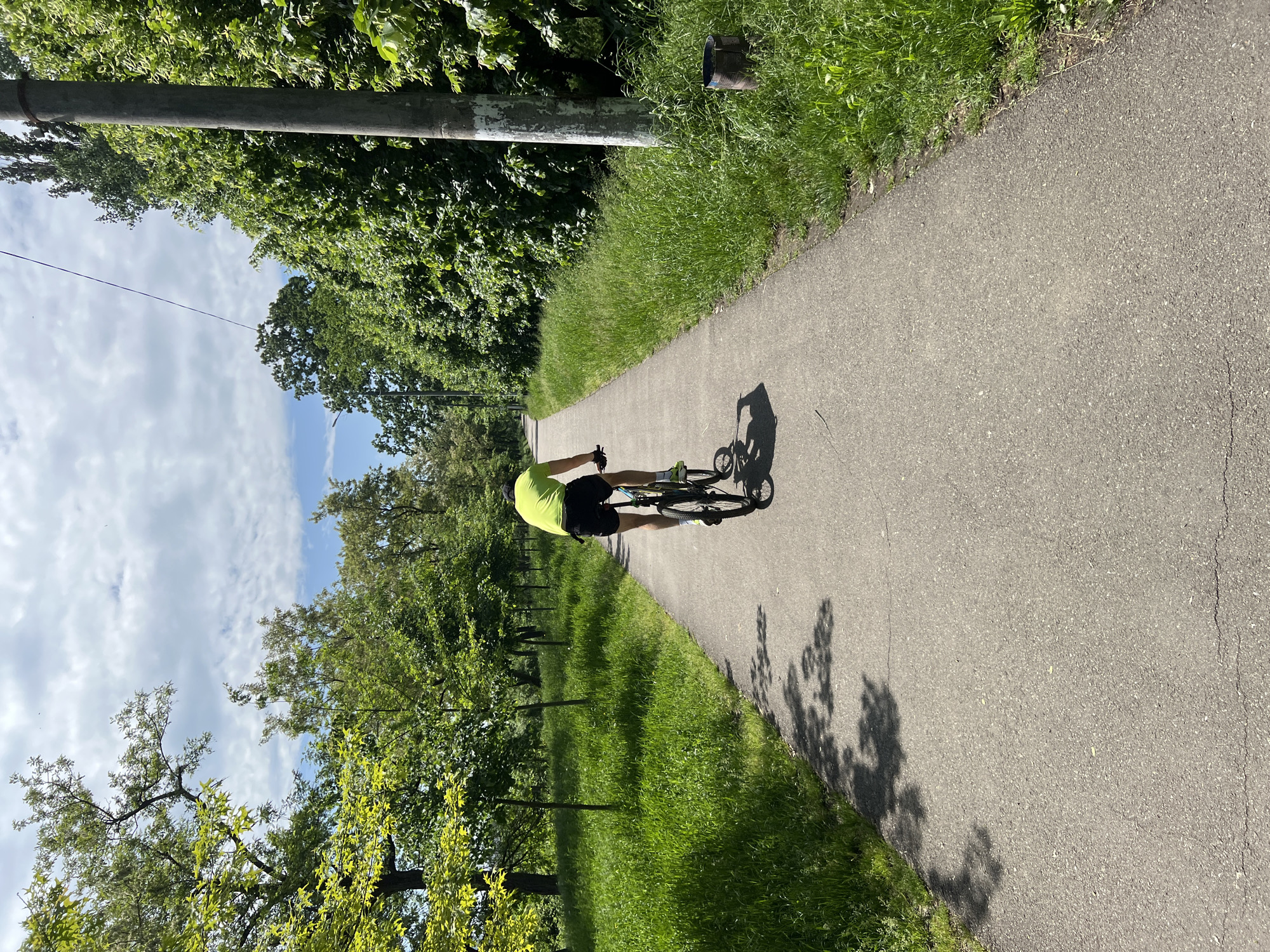 A person on a bicycle is traveling down a paved path in a park-like setting. The individual is wearing a bright yellow shirt and dark shorts. Trees line both sides of the path, and there is grass growing next to the pavement. Shadows of trees are cast onto the path. The sky is visible through the trees and shows a partly cloudy day. A utility pole is visible on the left side of the path. The location cannot be determined as Krasnodar, Russia, based on the provided image.