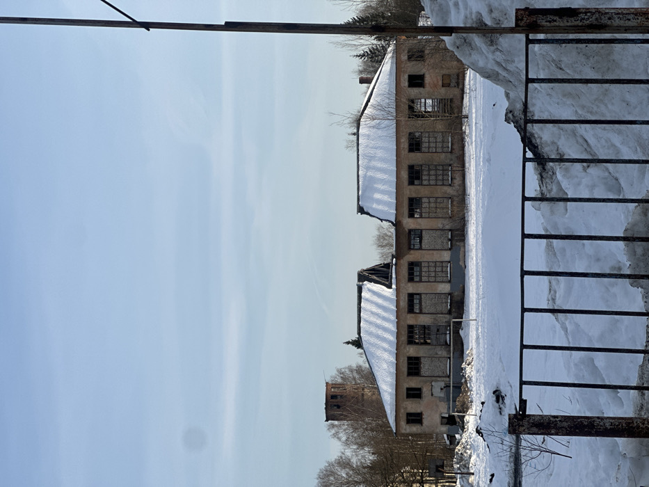 The image depicts a winter scene in Nekrasovskiy, Russia, focusing on a dilapidated, single-story industrial-style building under a clear blue sky. The building, constructed from light-colored stucco over brick, is centrally located and appears split into two distinct sections with a large gap and structural damage evident in the middle where the roof is completely missing. Both intact roof sections are heavily covered in white snow, displaying parallel ridgelines from underlying structures. The building's facade features multiple large, rectangular window openings, many of which are boarded up, bricked in, or have missing panes and exposed metal frames. Smaller, standard windows are visible on the upper left portion of the building. To the left of the building, a small, rusty metal soccer goal rests in a snow-covered field.
In the immediate foreground, a dark, rusty metal fence or railing runs horizontally across the bottom of the frame, partially obscured on the right by large, dirty piles of melting snow. Bare tree branches protrude from the snow on the left foreground. Behind the building, a dense line of bare deciduous trees and scattered conifers forms a natural backdrop. Prominently positioned to the far left, rising above the treeline, is a tall, reddish-brown brick water tower with arched openings near its summit. The ground between the foreground fence and the building is entirely covered in snow, with various snow piles and debris scattered throughout. No individuals or active subjects are present in the scene. The sky is largely clear and light blue, with minimal, faint cloud formations.