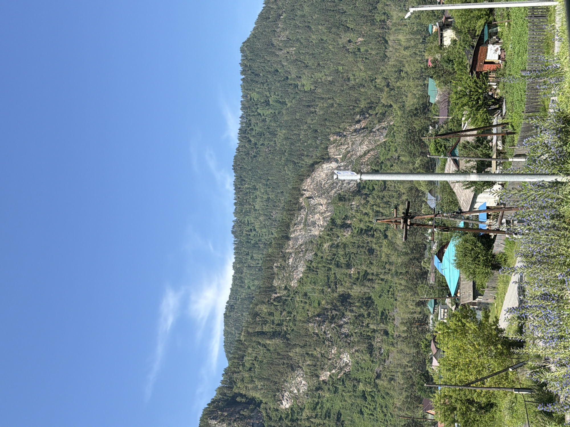 The image shows a rural village nestled at the base of a densely forested mountain under a clear blue sky with a few wispy clouds. The mountain slopes are covered in a variety of trees, with some rocky outcrops visible. In the foreground, there is a dirt road winding through the village, bordered by wooden fences and lush green vegetation, including flowering plants with purple blossoms. Several houses with various roof colors, including a prominent bright blue roof, are scattered among trees. There are also utility poles and wires present, suggesting the presence of electricity and communication infrastructure. The scene depicts a tranquil, sunlit day in a mountainous region.