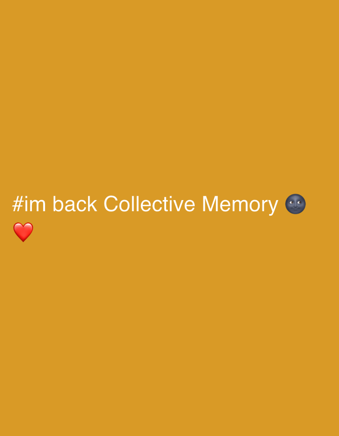 A digital image with a solid mustard-yellow background. Text "#im back Collective Memory 🌚❤️" is placed near the bottom center of the image. The text is white and interspersed with emojis: a moon face and a red heart. The location of Jos, Nigeria, is not depicted in the image.