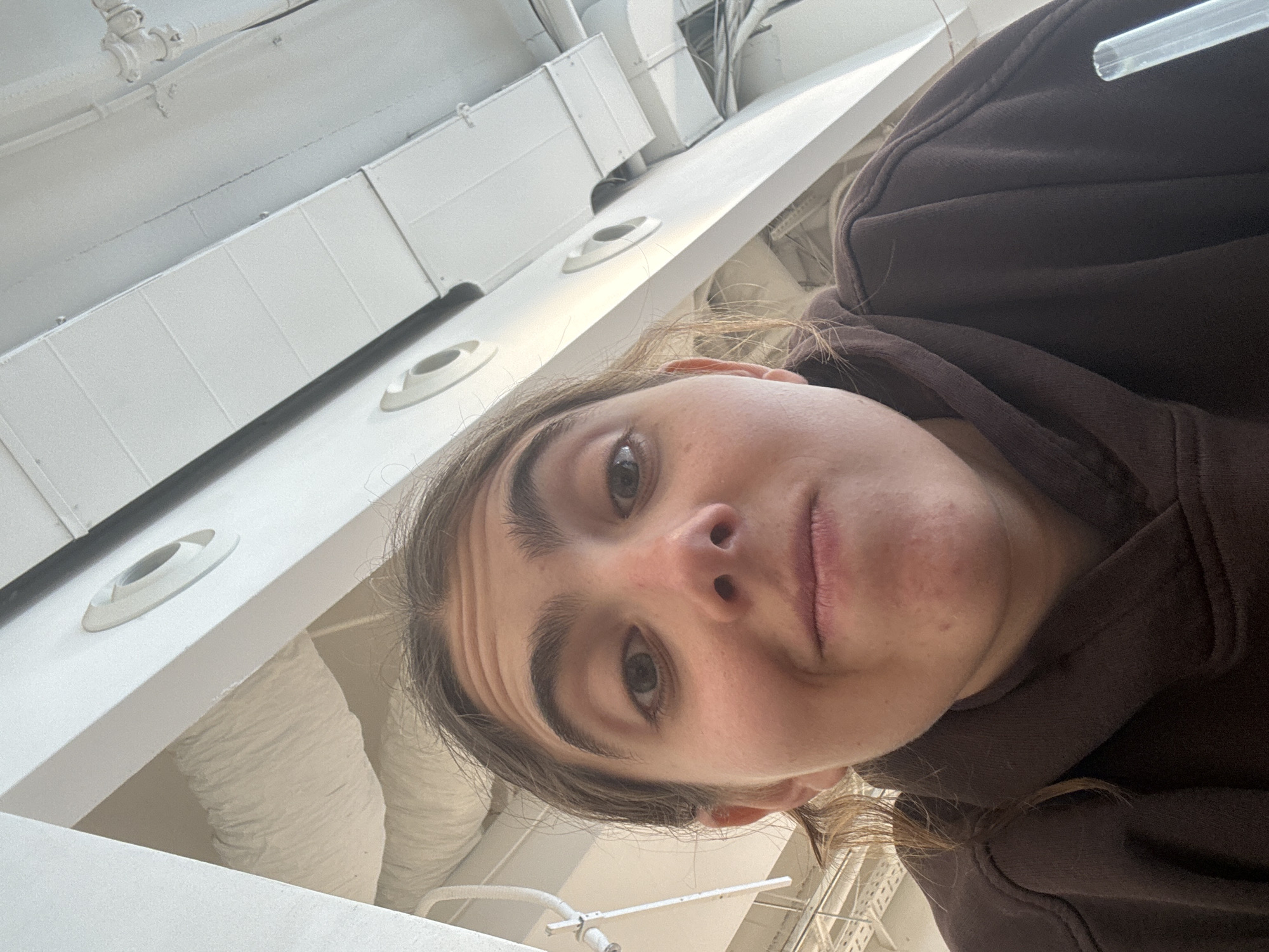 A low-angle, selfie-style photograph shows a person with fair skin, brown hair, and prominent eyebrows, wearing a brown hooded sweatshirt. The person is positioned in the foreground, with their face taking up a significant portion of the frame.
The background reveals a white, industrial-looking ceiling with multiple round, recessed lights and air ducts. The environment suggests a commercial or institutional space.
The location in Tel-Aviv, Israel is not discernible from the visual elements within the image. There are no objects, actions or interactions in the scene to suggest a specific location.