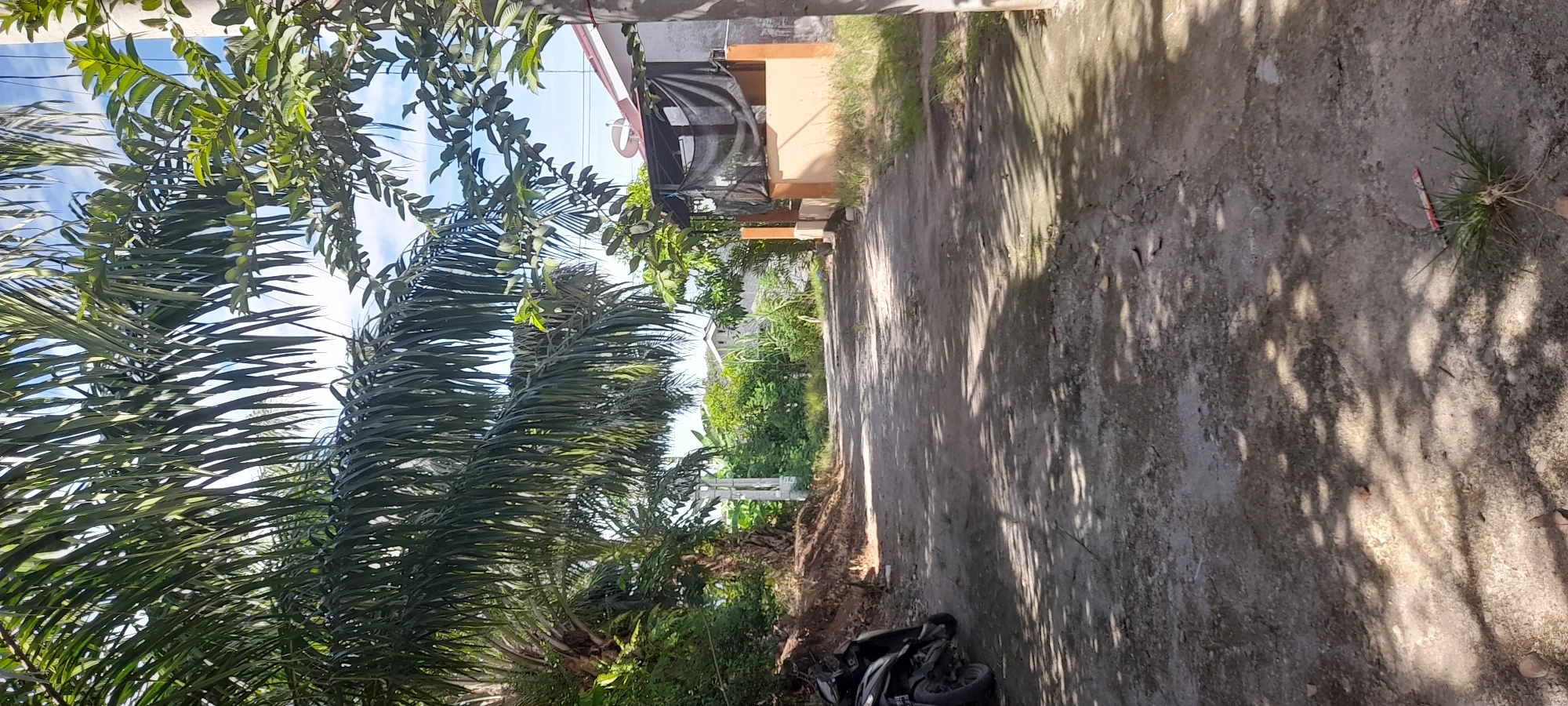 The image shows a dirt road in Buketteukuh, Indonesia. The road is lined with trees and vegetation. A house is partially visible on the left side of the road. A motorcycle is visible in the lower left corner of the image. The lighting suggests it is daytime.