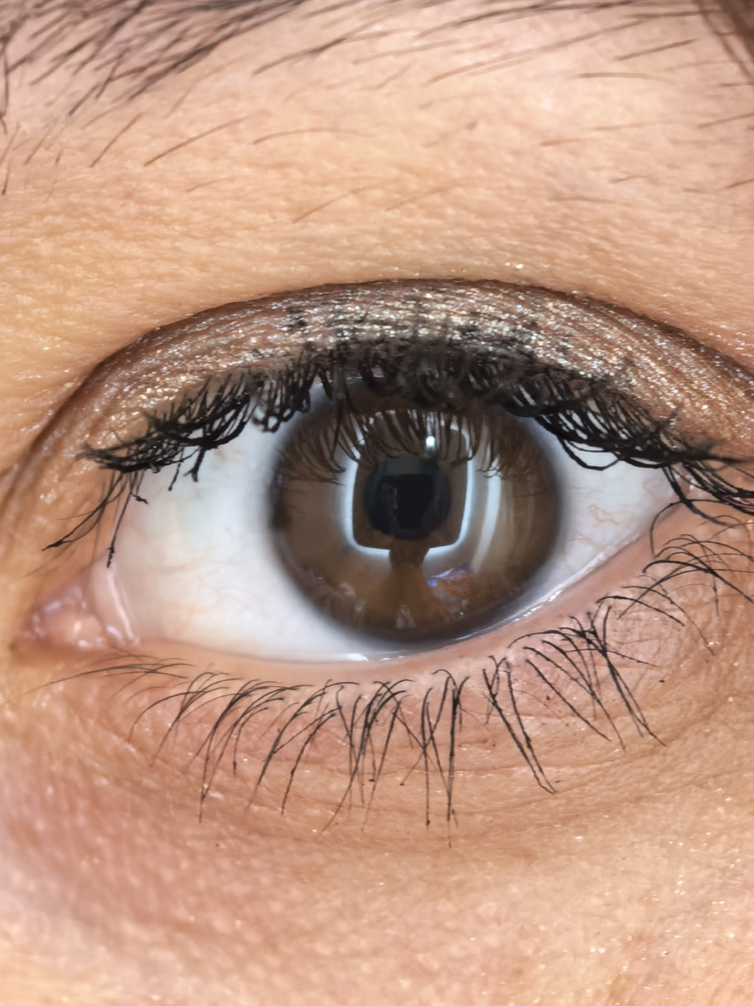 An extreme close-up of a human eye shows brown irises, dark eyelashes, and light-colored skin. The subject's eye makeup includes shimmer eyeshadow and mascara. The eye is open, and the pupil is visible. The skin has pores and fine lines. The lighting creates a reflection of a light source in the pupil. The overall image is a detailed macro shot of a human eye. The location is unknown, as no city or environmental details are provided.