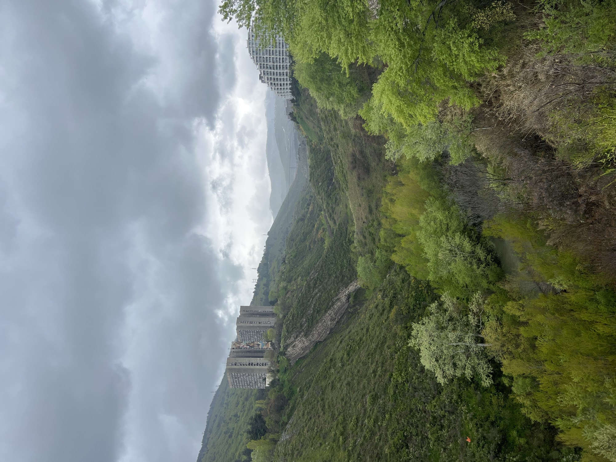 This vertical shot captures a verdant, mountainous landscape in Tbilisi, Georgia, under a heavily overcast sky. The scene is characterized by steep, green hillsides covered in dense foliage, featuring a mix of bright spring greens and darker, established vegetation, with some trees still showing bare branches.
A valley or gorge runs through the midground, encompassing a small body of water, likely a stream or river, flanked by more trees and undergrowth. Several urban structures are integrated into this natural setting. On the upper right, a modern, white multi-story apartment building with numerous windows stands prominently on a hillside, partially obscured by vibrant green trees. On the left side, further down the slope, a cluster of older, concrete high-rise apartment buildings with many windows are visible, appearing more weathered. In the distant background, hazy mountain ranges fade into the cloudy sky, and faint power lines or utility poles can be discerned.
The sky is completely covered by thick, grey clouds, suggesting an overcast day, possibly indicative of recent rain or impending precipitation. The lighting is soft and diffused, highlighting the varying shades of green across the landscape. There are no people or specific activities taking place, and no visible text is present in the image.