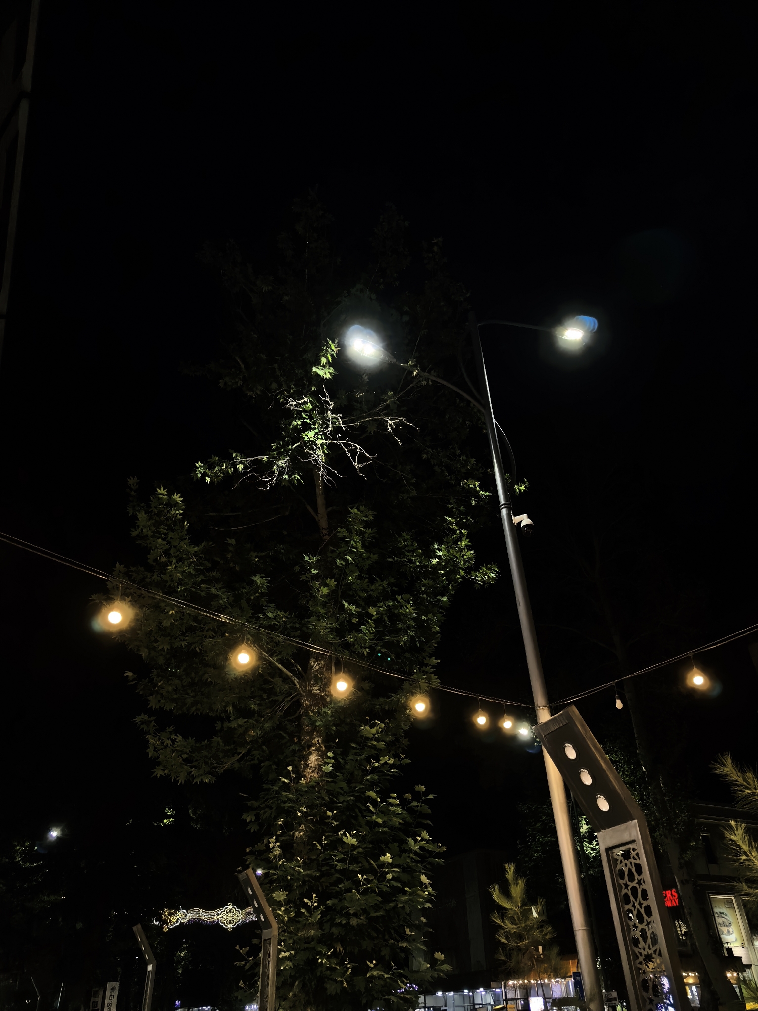 The image depicts an outdoor scene at night, likely in a city, featuring a streetlamp with a bright light, a large tree with green foliage, and a string of warm-toned globe lights. The streetlamp is a prominent metallic pole with a modern fixture emitting a bright white light. The tree's branches are visible, with some leaves illuminated by the ambient light and the globe lights. The globe lights are strung across the scene, adding a decorative element and a soft glow. In the background, the dark sky suggests it is nighttime. There are also architectural elements visible, including what appears to be a decorative metal structure with lights and possibly some signage. The scene evokes a festive or welcoming atmosphere, often found in urban public spaces or outdoor dining areas. The location is identified as Fergana City, Uzbekistan.