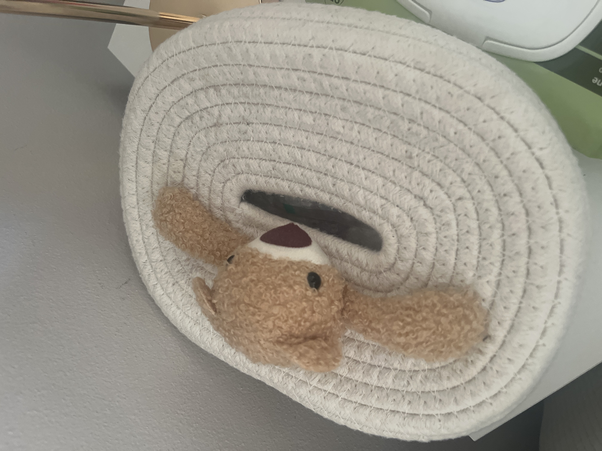 In Onokivtsi, Ukraine, a light brown, curly-textured stuffed animal is depicted partially inserted into the central, elongated slot of an off-white, oval-shaped woven rope basket or mat. The stuffed animal's head, featuring small black eyes, a light-colored snout, and a reddish-brown mouth or nose, is visible above the surface of the basket, along with its small ears and one arm. The woven object exhibits concentric coils of rope construction. The background on the left consists of a textured, light grey wall. On the right, a golden-toned metallic cylindrical object, likely a lamp base, stands near the woven item. A white surface, a green object (possibly a book), and a portion of a white electronic device are visible beneath and to the right of the woven container.