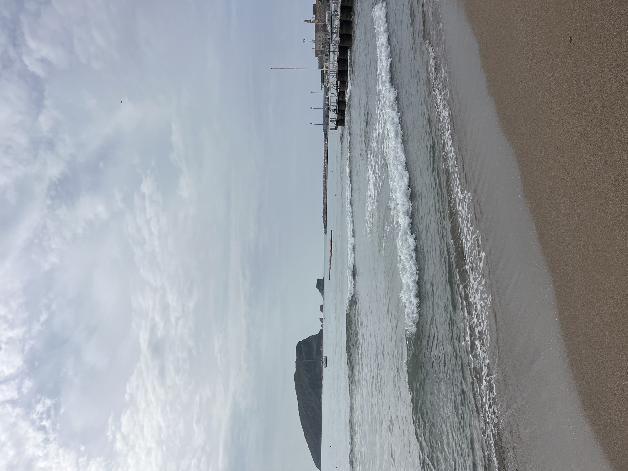 The image shows a beach scene in Budva, Montenegro. In the background, a pier extends into the water, lined with structures. A prominent rocky island sits in the distance, and a body of water with gentle waves laps onto the sandy shore. The sky is overcast with dense clouds. A small bird is visible in the sky.