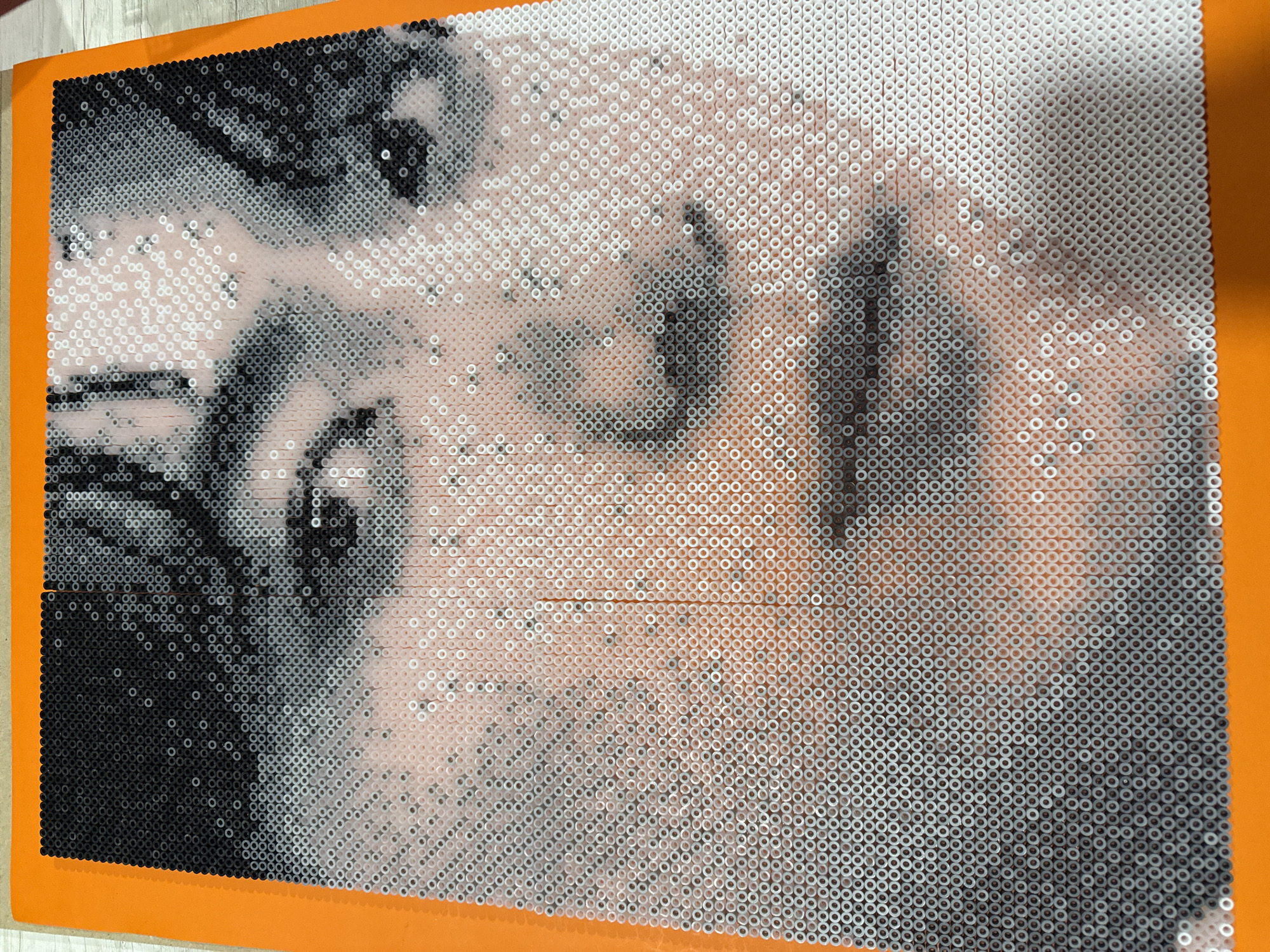 A pixelated image of a face constructed from small, circular beads of varying shades of black, grey, and white. The face appears to be of a person, though the pixelation obscures finer details. The beads are arranged on a rectangular orange board. There is no indication of the image being in Puebla, Mexico.