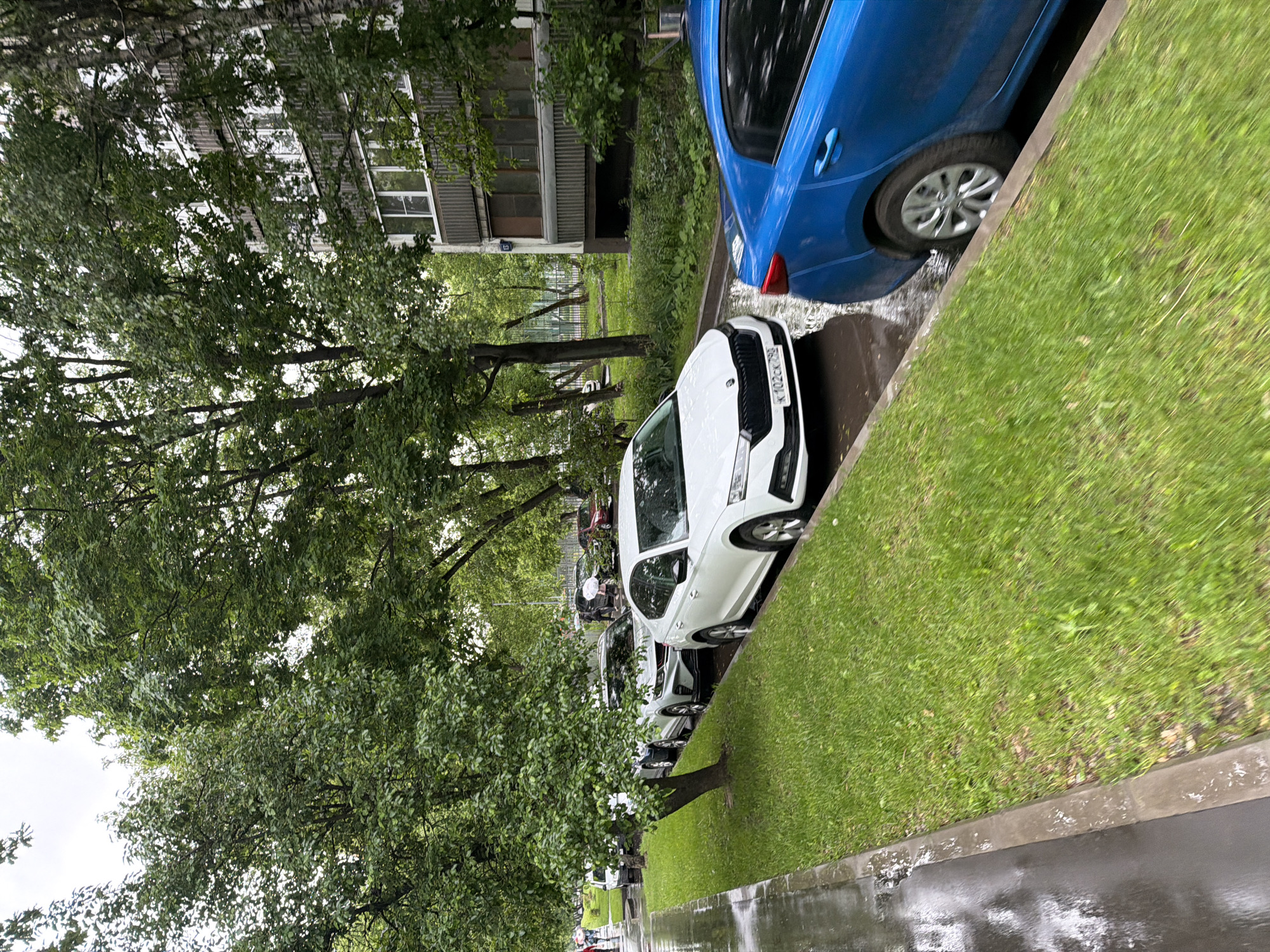 The image depicts a residential street scene in Moscow, Russia, taken on a wet day. A line of parked cars, including a blue sedan and a white hatchback with a visible license plate (K 102 CX 790), is parked along the curb. Lush green trees line the street, partially obscuring a multi-story apartment building in the background. The road surface is wet and reflective, indicating recent or ongoing rain. Pedestrians, slightly blurred due to motion, are visible in the distance along the sidewalk.