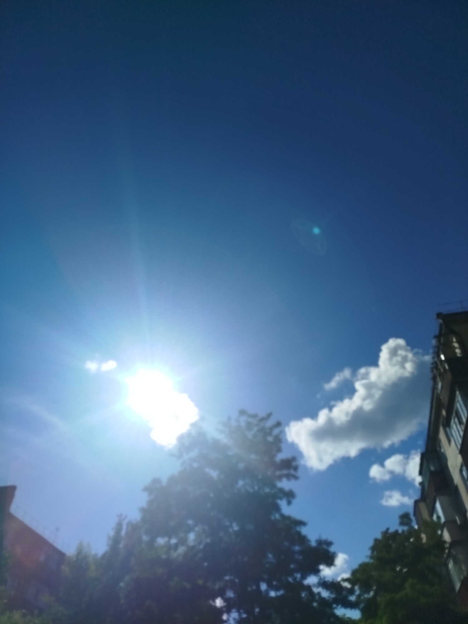The image depicts a bright, sunny sky with the sun prominently featured on the left side, casting lens flares and sunbeams. There are a few white clouds scattered across the blue sky. In the foreground and extending into the midground, lush green trees are visible, partially obscuring the view. On the right side of the image, a multi-story apartment building with visible windows and balconies is partially in frame. On the far left, another building, possibly residential, is also visible. The scene appears to be an outdoor urban environment.