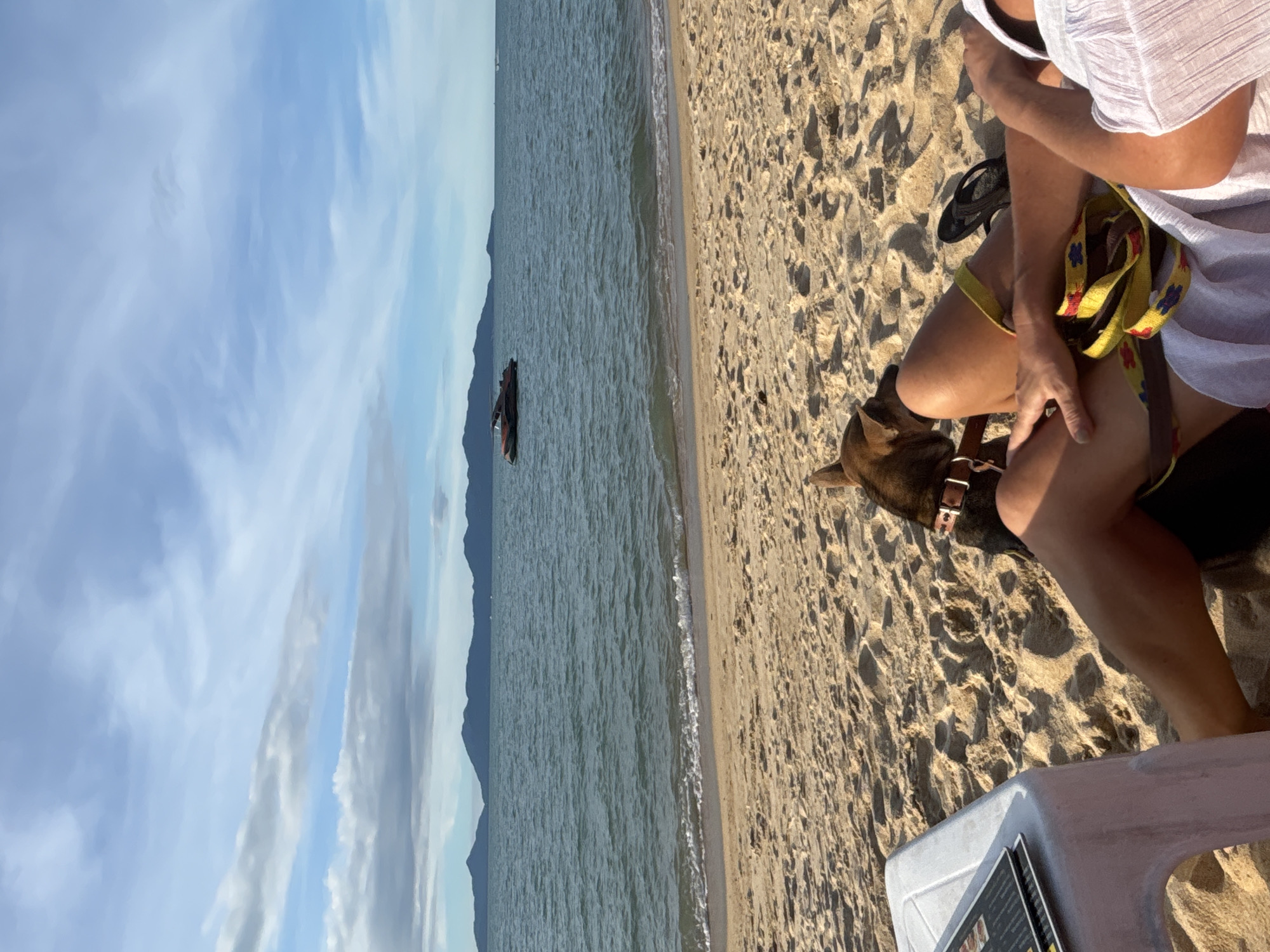 The photograph shows a person sitting on a beach with a dog in Baan Mae Nam, Thailand. The person is wearing a white top and shorts, and is seated on a white plastic chair. A dog with a red collar sits beside the person, leashed to a yellow leash. The beach is sandy, and the water is visible in the background, along with a distant coastline and cloudy sky. There is a boat or other vessel on the water. A menu is partially visible on the table next to the person.