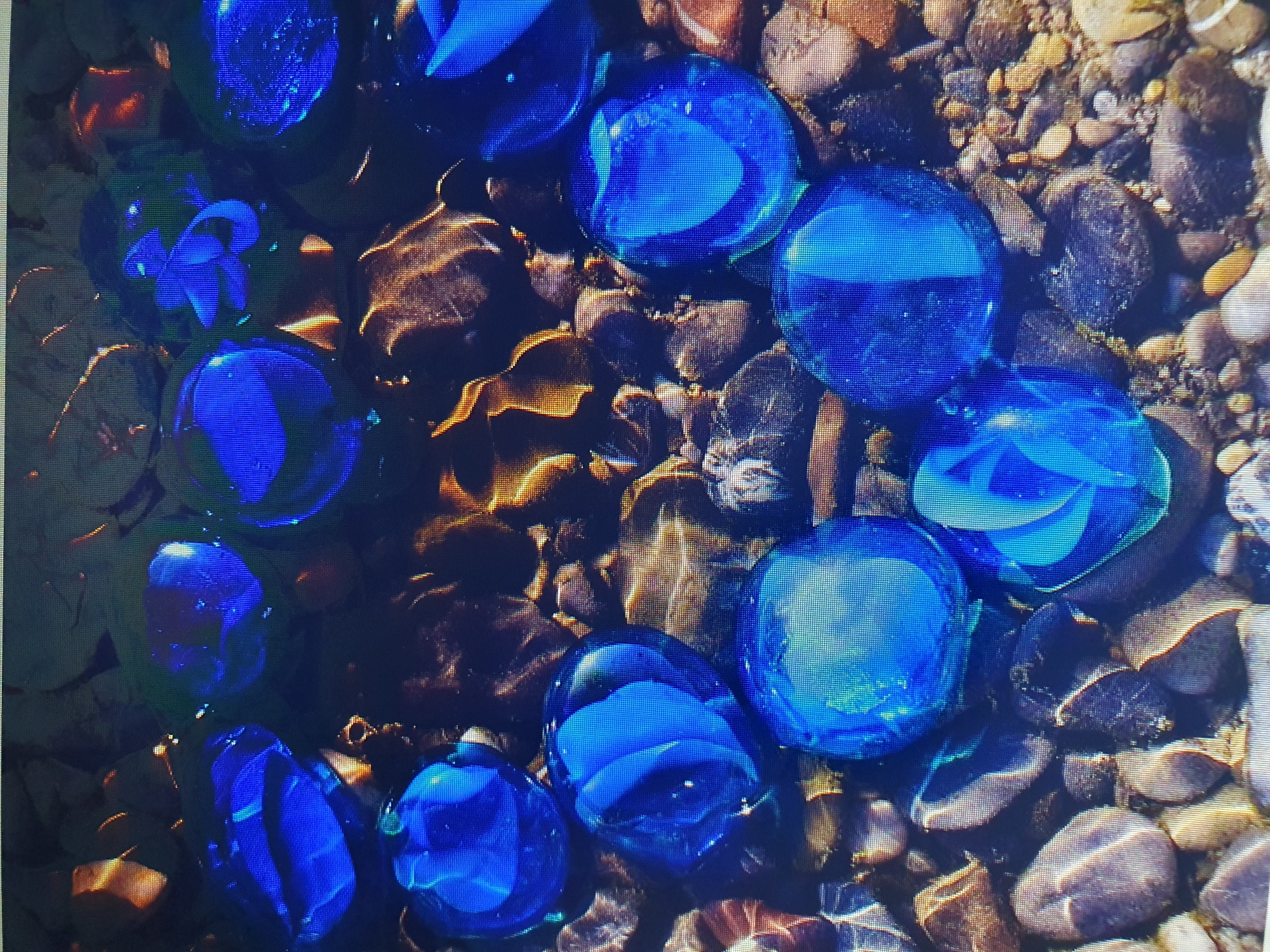 The image is a close-up, overhead view of several blue glass marbles scattered among smooth, multi-colored pebbles on a rocky surface. The marbles are various shades of blue and appear to have swirling patterns within them. Some of the marbles are partially submerged in what appears to be water, creating reflections and distortions on their surfaces. The pebbles are predominantly brown, grey, and tan, with some exhibiting lighter streaks or veins. The lighting suggests a natural, outdoor setting, possibly with sunlight filtering through a surface, creating warm, orange-toned highlights on the pebbles and within the marbles. There are no people or visible signs of urban environment, suggesting this image may have been taken in a park, riverbed, or other natural area. The scene does not contain any identifiable landmarks or features that would indicate a specific location within Tashkent, Uzbekistan.