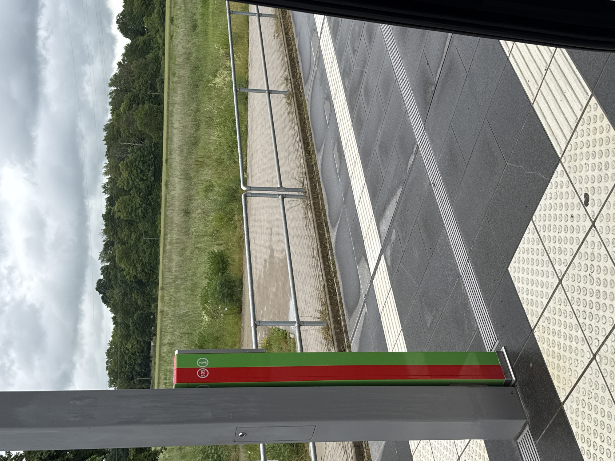 The image shows a close-up of a grey metal pole with vertical red and green stripes on the right side, on which two circular icons are visible: one red with "SOS" and a white question mark, and another white with a blue "i". The pole is located on a platform with dark grey tiles and raised white tactile paving for the visually impaired. In the background, a metal railing separates the platform from a paved area and a grassy field with trees beyond. The sky is overcast and cloudy. The perspective suggests the photo was taken from inside a vehicle, possibly a train, as indicated by the dark vertical element on the right edge of the frame.