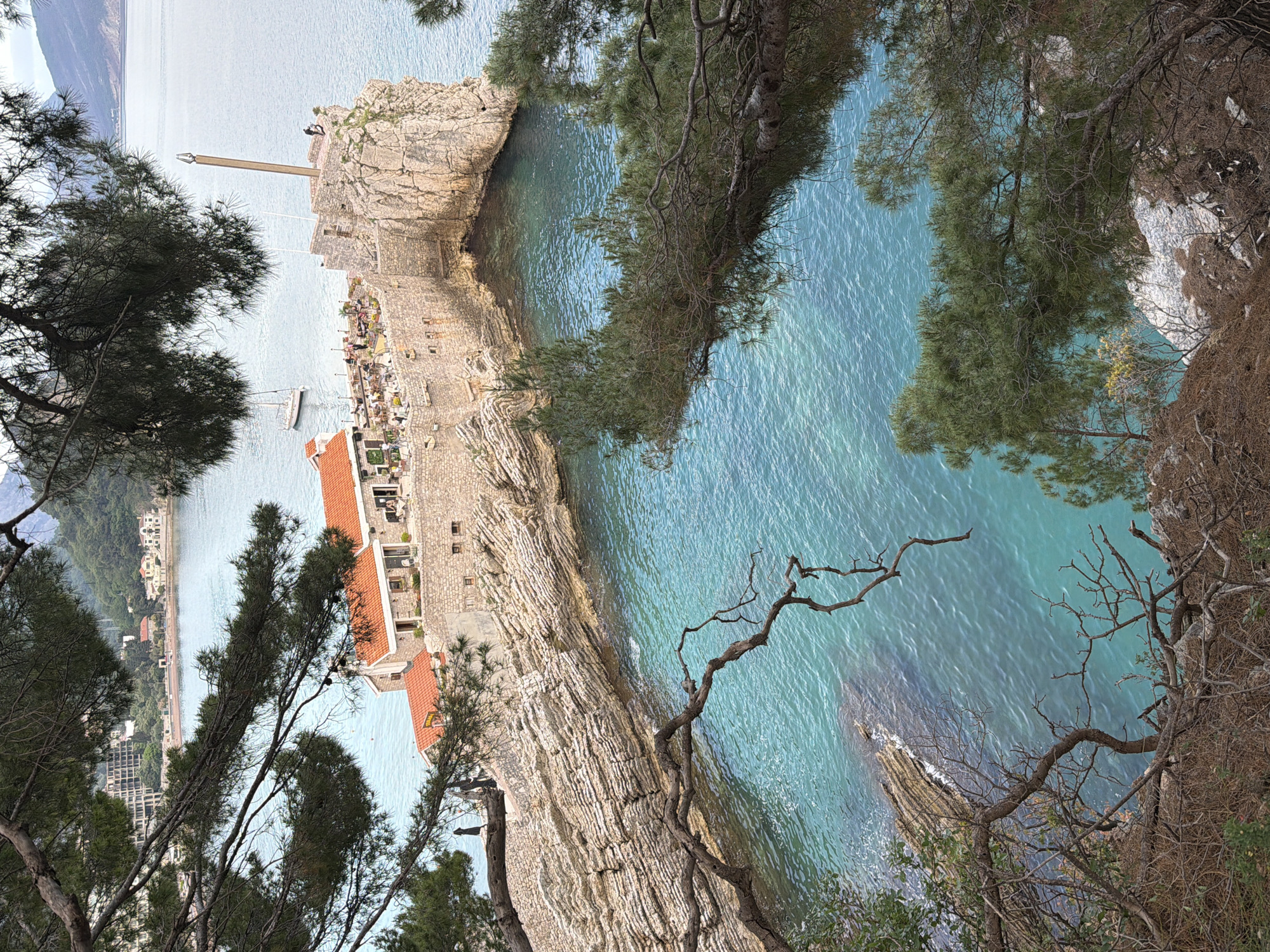 Captured from an elevated vantage point, the image presents a view of the Petrovac na Moru coast in Montenegro. Turquoise water borders rocky terrain along the coast. Buildings with red roofs are seen on the peninsula. Trees frame the scene in the foreground. A clear horizon is visible in the distance.