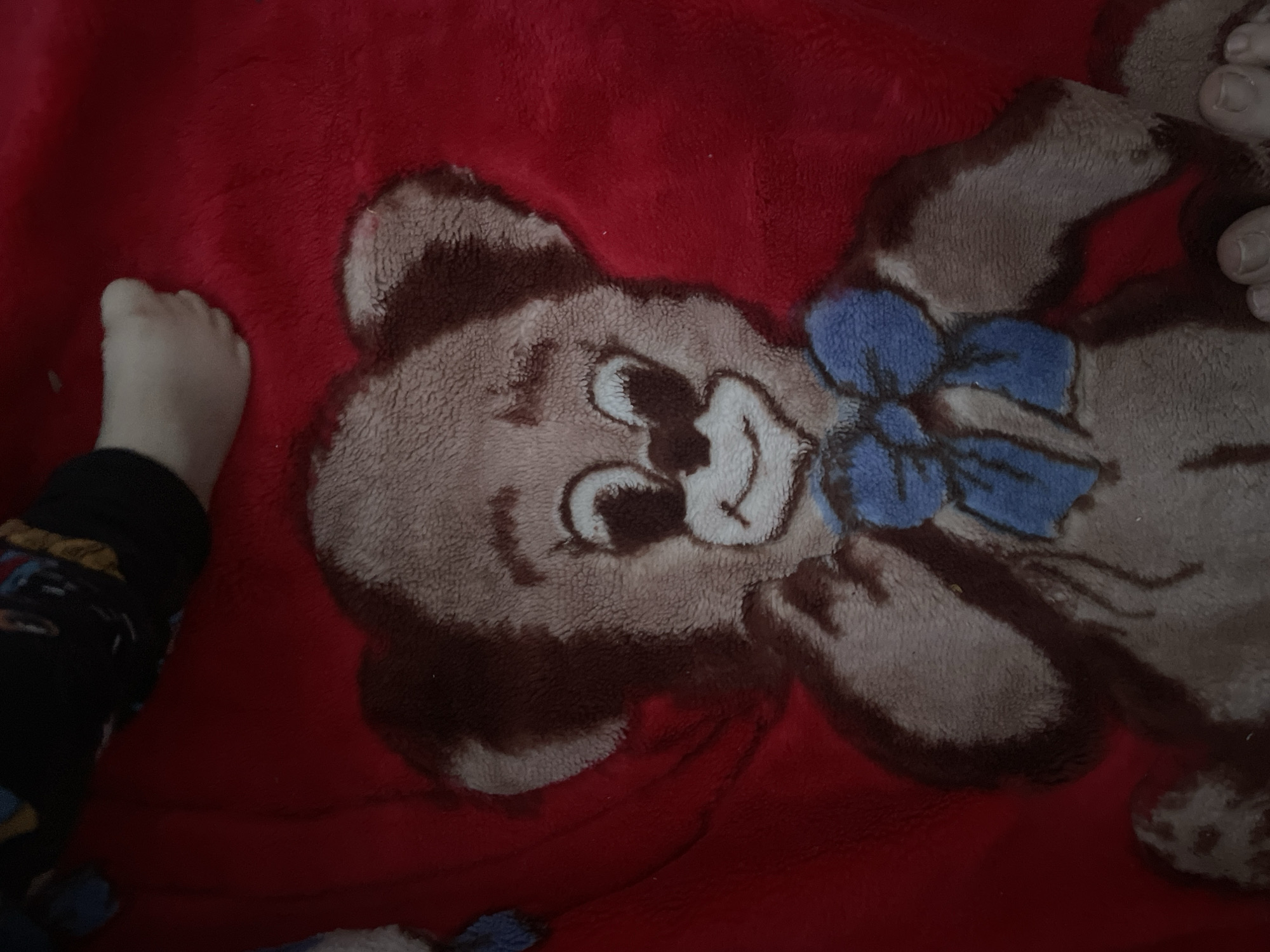 The image shows a close-up view of a red blanket with a cartoonish teddy bear design. A small child's foot and leg are visible on the left side of the frame, positioned on the blanket. The child is wearing dark-colored clothing with a colorful pattern. The teddy bear design is brown and tan with a blue bow tie. The overall scene suggests a cozy or casual indoor setting, likely a home environment, where a child is resting or playing on a blanket. The lighting appears to be indoor, and there are no clear indications of the time of day or weather conditions. The focus is on the textures of the blanket and the child's foot against the fabric.