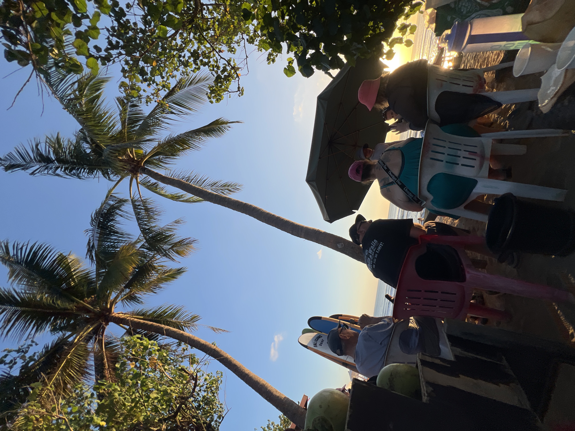 The image captures a scene on the beach in Kuta, Indonesia, during the golden hour, likely late afternoon or early evening. Two tall palm trees dominate the foreground, with their fronds casting shadows on the sandy ground. Several people are seated on plastic chairs, facing the ocean. Two surfboards, labeled "BALIGURU SURF" and "SURF", are propped up near the seated individuals.
A large, dark green umbrella is open, providing shade for some of the people. A woman wearing a teal tank top and a pink hat is visible from behind, holding a phone. Next to her, another person wearing a pink hat is also seated. In the mid-ground, a man in a grey t-shirt and a baseball cap is looking away from the camera, and another person in a black t-shirt with white lettering is also seated.
In the background, the ocean stretches out to the horizon, with gentle waves. The sun is low in the sky, casting a warm, golden light across the water and the beach, creating a serene atmosphere. The environment appears to be a casual beachside setup, possibly a small kiosk or resting area for beachgoers. Coconuts are visible on a counter-like structure in the left foreground. The overall impression is one of relaxation and enjoyment of the coastal scenery at sunset.
